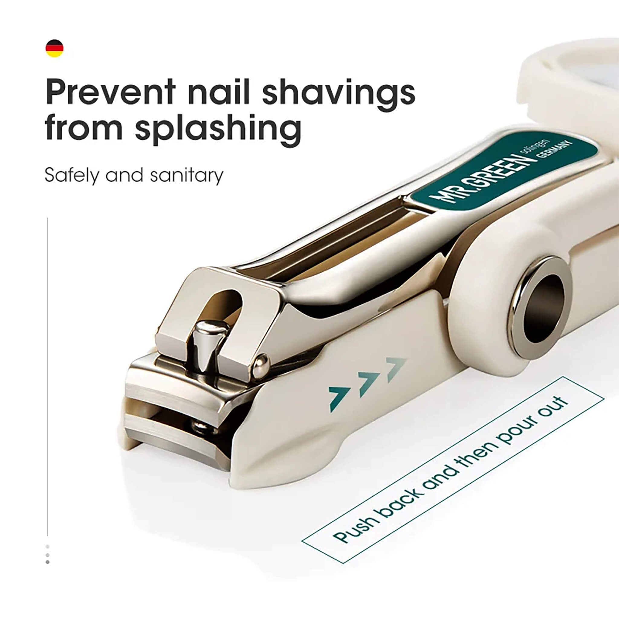 MR.GREEN Nagelknipser mit Spritzschutzgehäuse; hält Nagelspäne zurück für hygienisches, sicheres Trimmen – Detailaufnahme