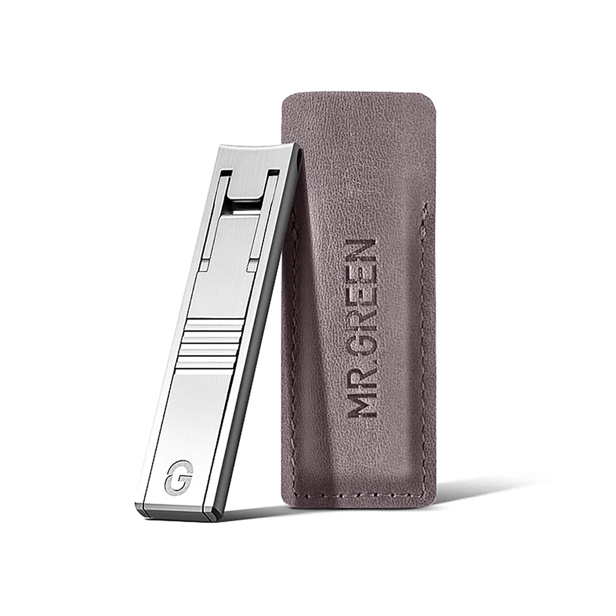 MR.GREEN MR-9999GE nail clipper with grey leather case, premium ultra-thin stainless-steel portable manicure tool