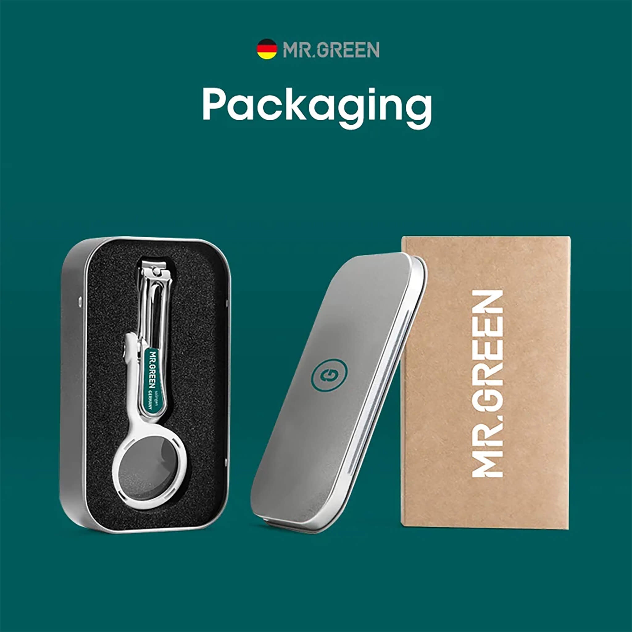 Emballage MR.GREEN : coupe-ongles avec loupe 2x dans étui métal avec mousse et boîte cadeau de marque, prêt à offrir.