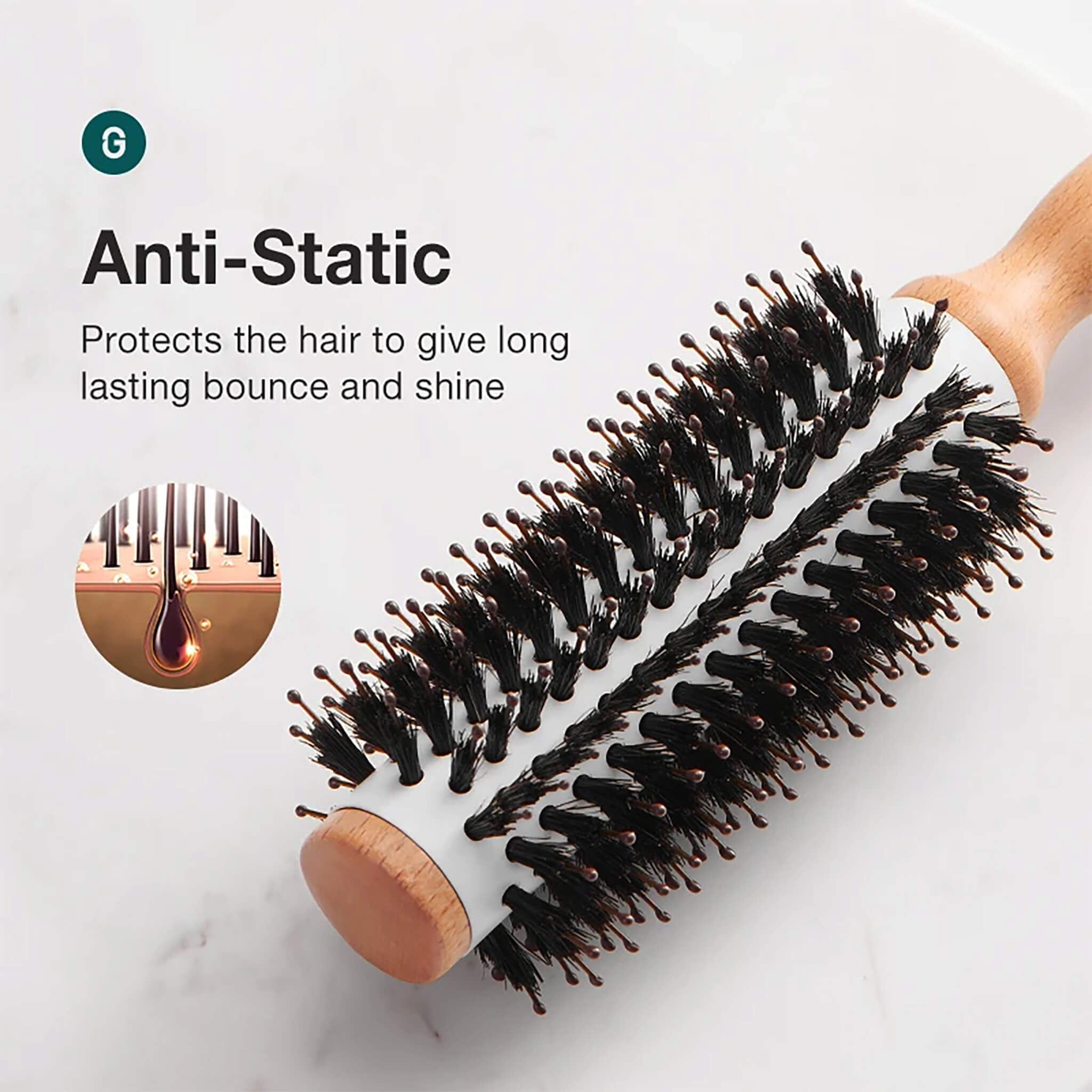MR.GREEN round styling brush product shot—boar bristles on ceramic barrel, anti-static finish, ergonomic beech wood handle