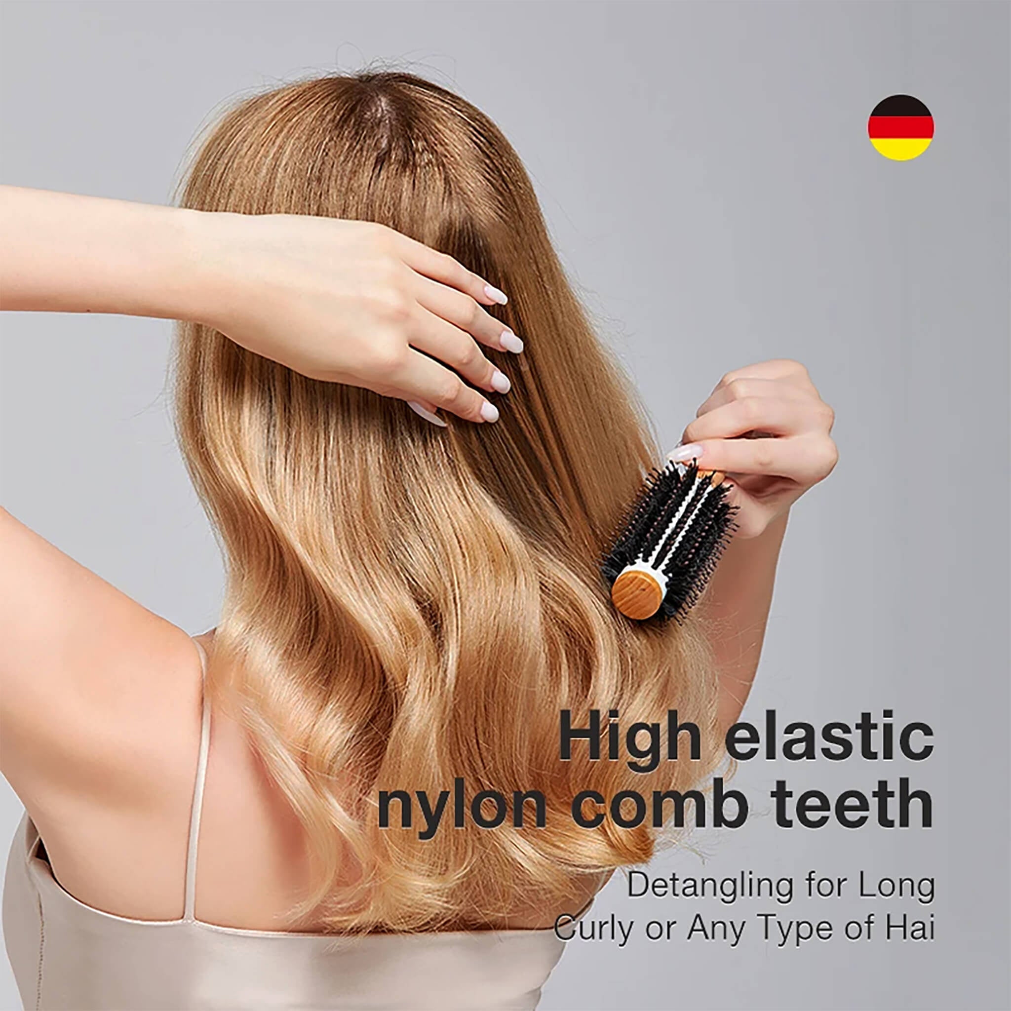 Model using MR.GREEN boar-bristle round brush to detangle, smooth and add bounce; high-elastic nylon pins glide gently