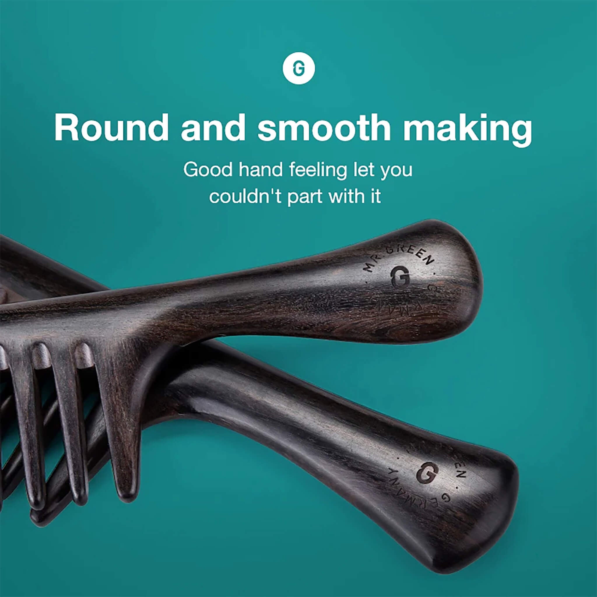 Close-up of MR.GREEN wooden comb with rounded tips for scalp massage, anti-static wide teeth prevent hair damage and improve circulation.