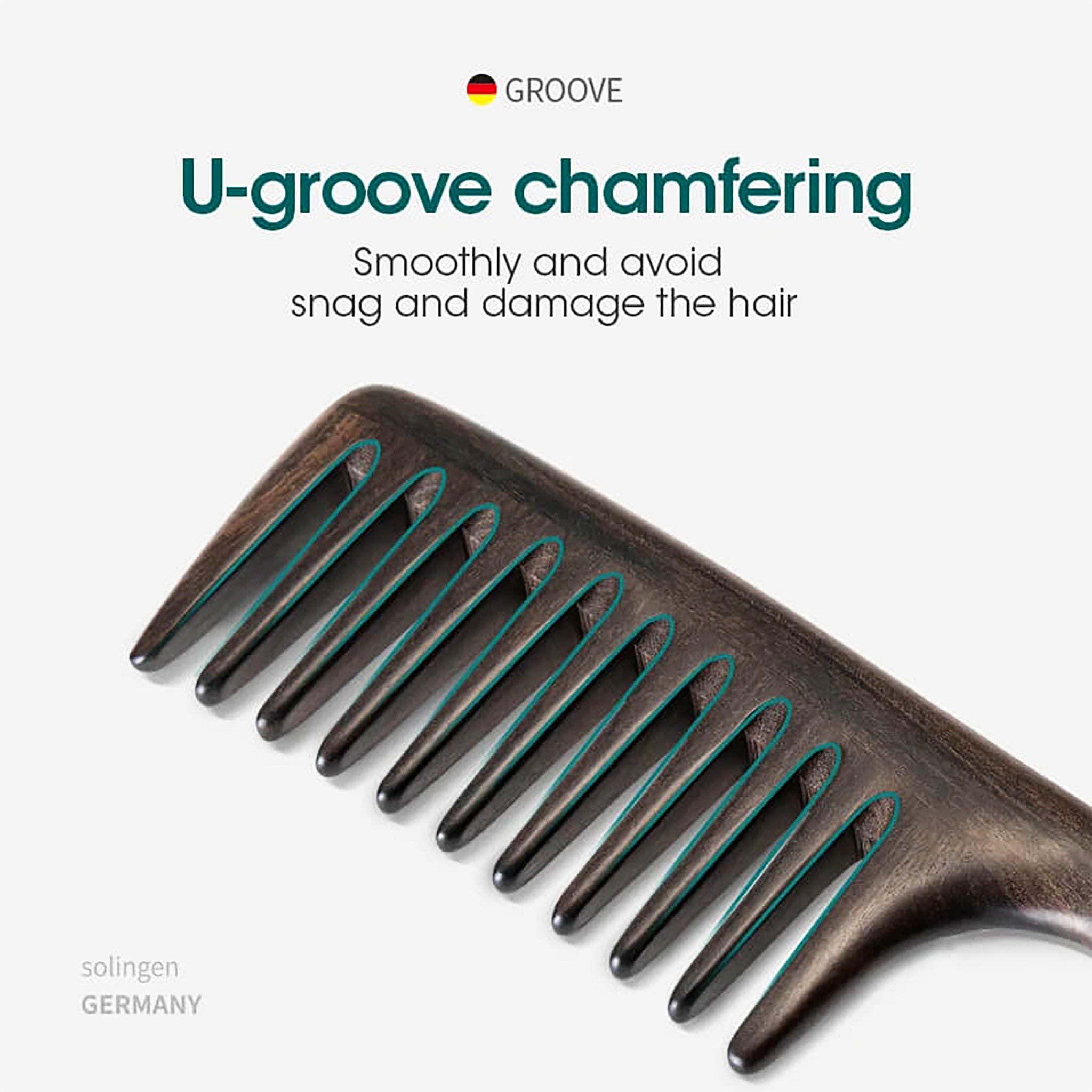 Detailed image of MR.GREEN wooden comb U-groove chamfering teeth, anti-snag design avoids breakage and ensures smooth detangling.