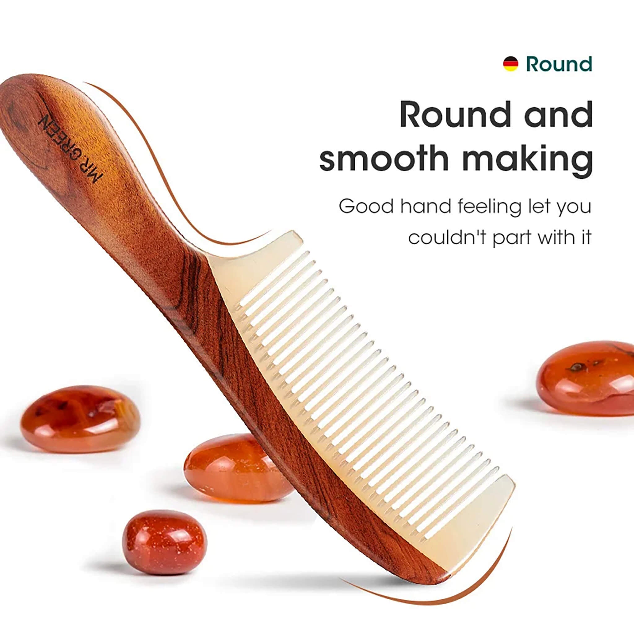 Luxury MR.GREEN natural wood and horn comb with round smooth making, offering comfort grip and premium grooming experience.