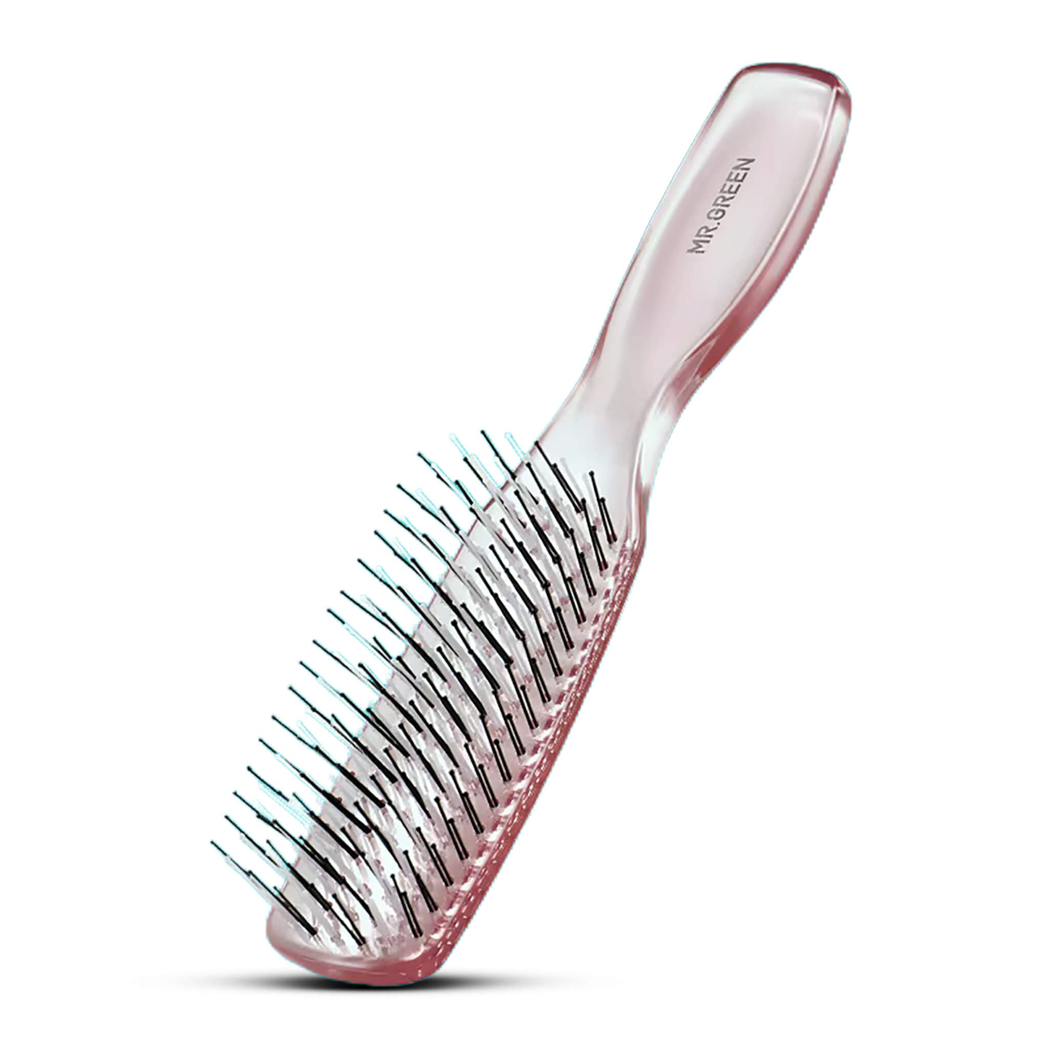 MR.GREEN crystal-clear scalp massage detangling hair brush, rounded pins, anti-static, ergonomic handle for wet or dry hair.