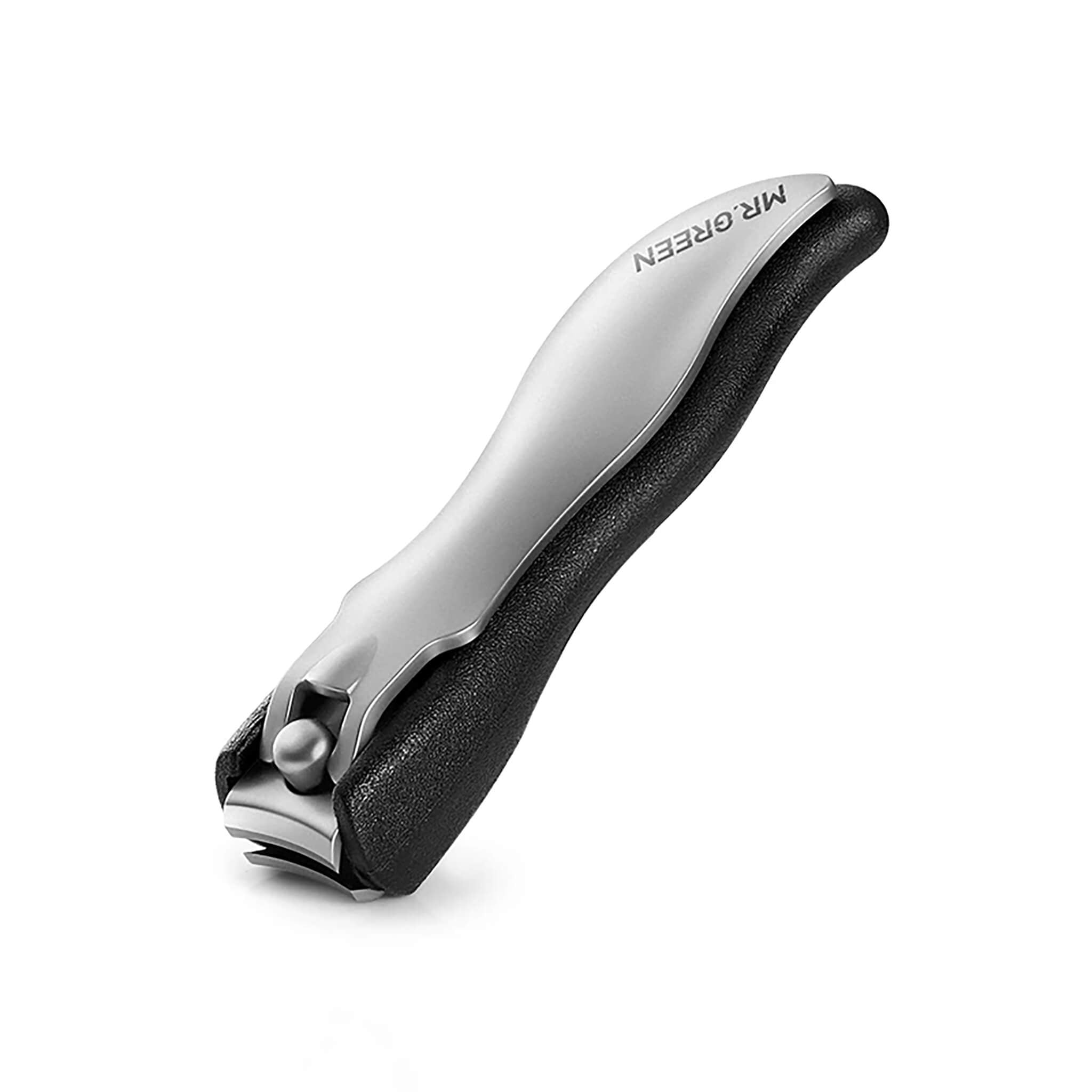 MR.GREEN MR-1226BK anti-splash nail clippers, black silicone grip, stainless blades, precise cut for thick nails.