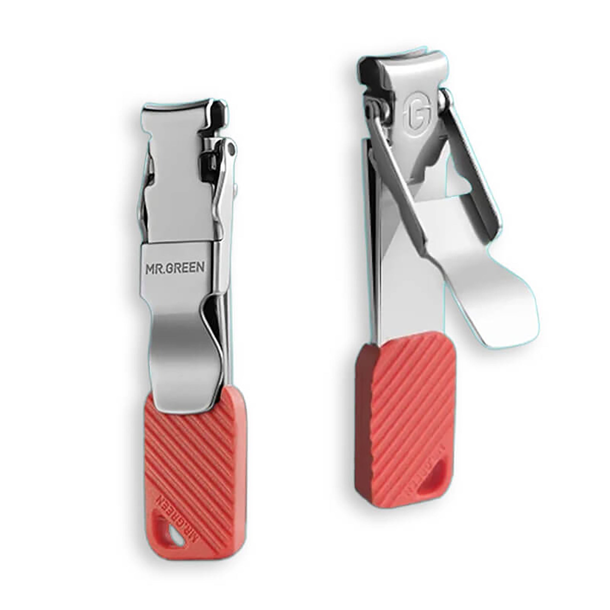 MR.GREEN mini foldable nail clippers, front and side views; stainless steel body with textured red keychain handle