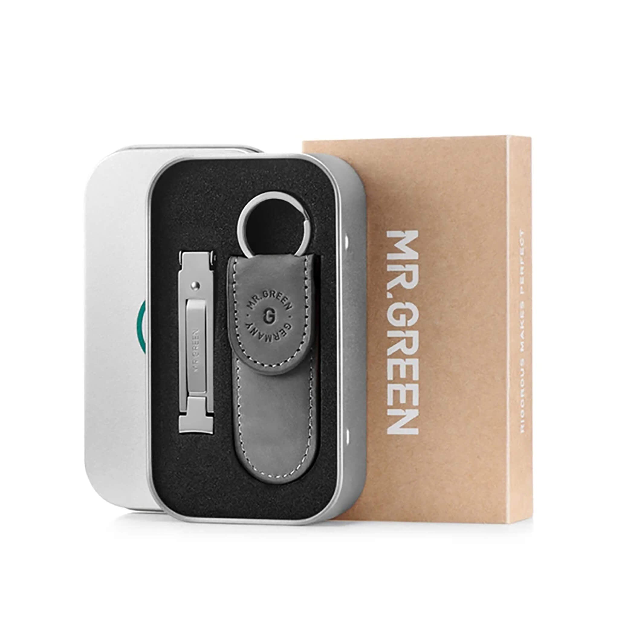 MR.GREEN Mr-3001GE: cortauñas plegable con llavero y funda de cuero gris en caja regalo, uso portátil