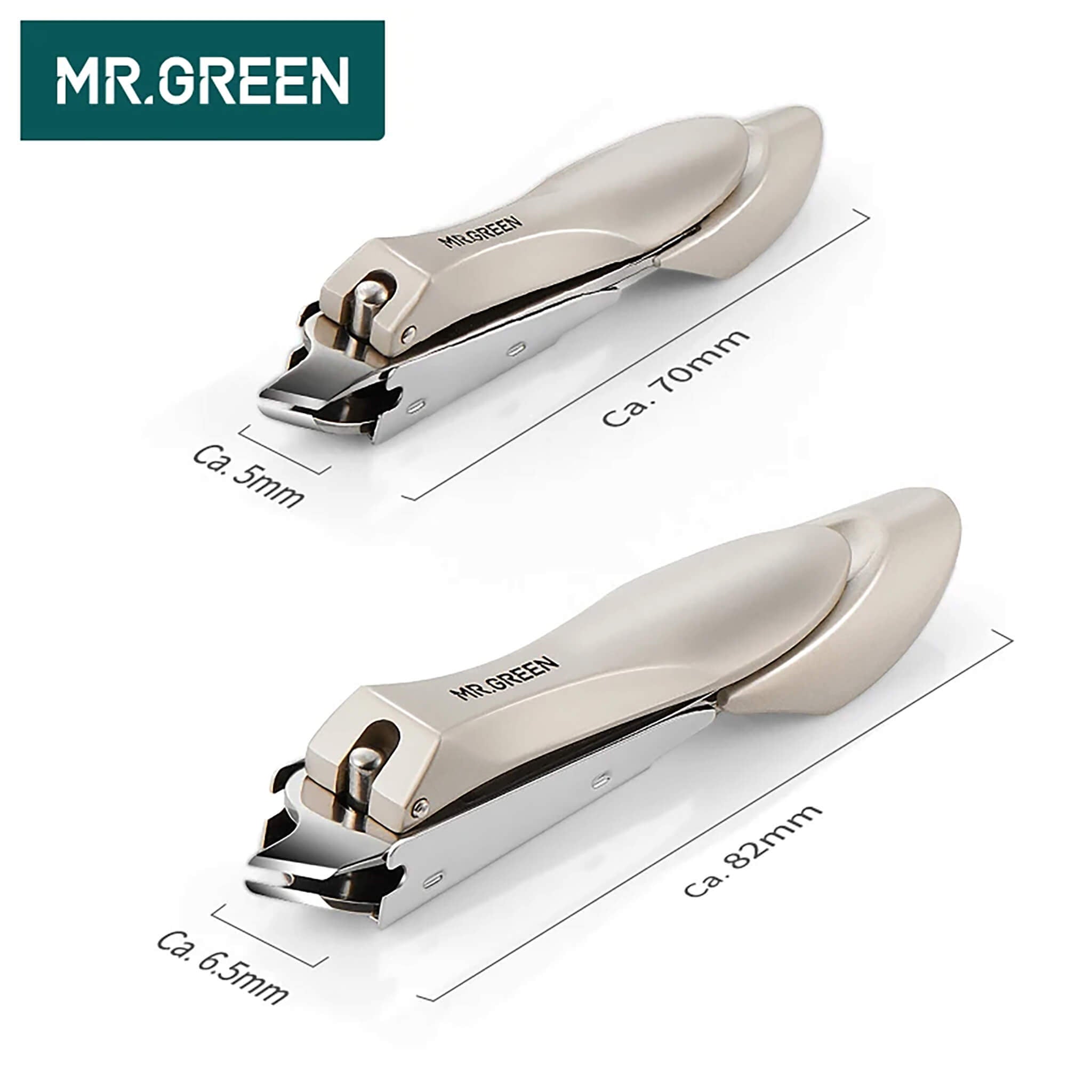 Tagliaunghie MR.GREEN bordo inclinato misure 70 mm e 82 mm larghezze lama 5 mm e 6,5 mm design ergonomico resistente