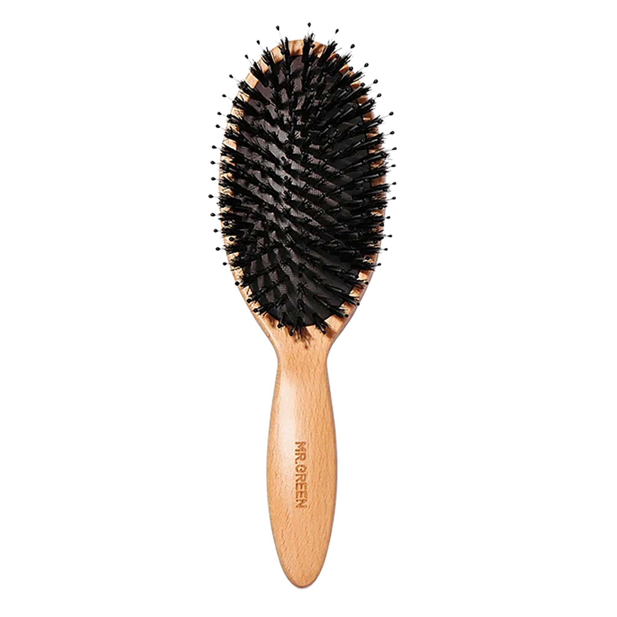 MR.GREEN boar bristle oval brush with beech wood handle—anti-static detangler that smooths, adds shine and gently massages the scalp.