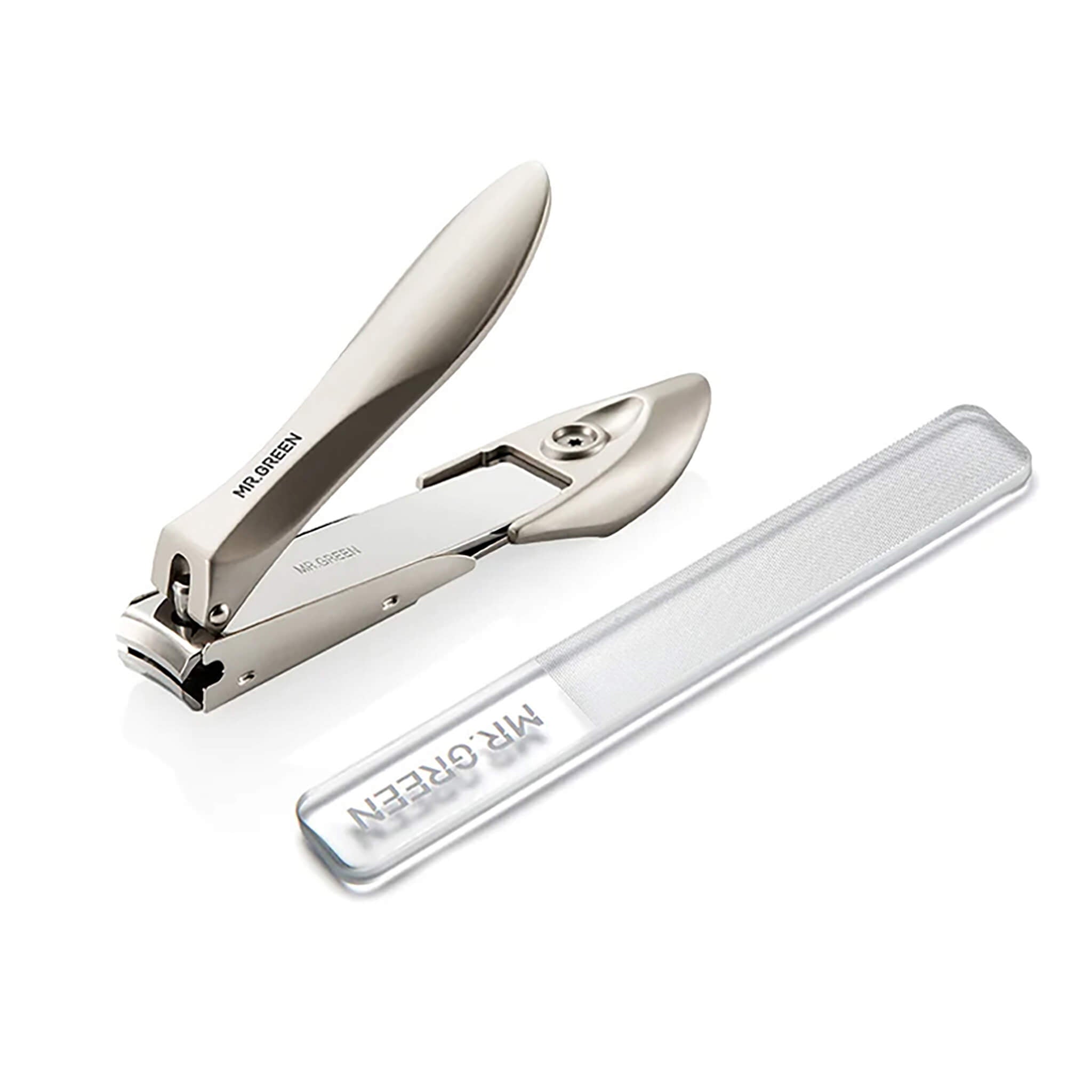 MR.GREEN MR-1111 (M) Plus set: anti-splash stainless nail clipper with catcher and slim finishing nail file for tidy home or travel grooming.