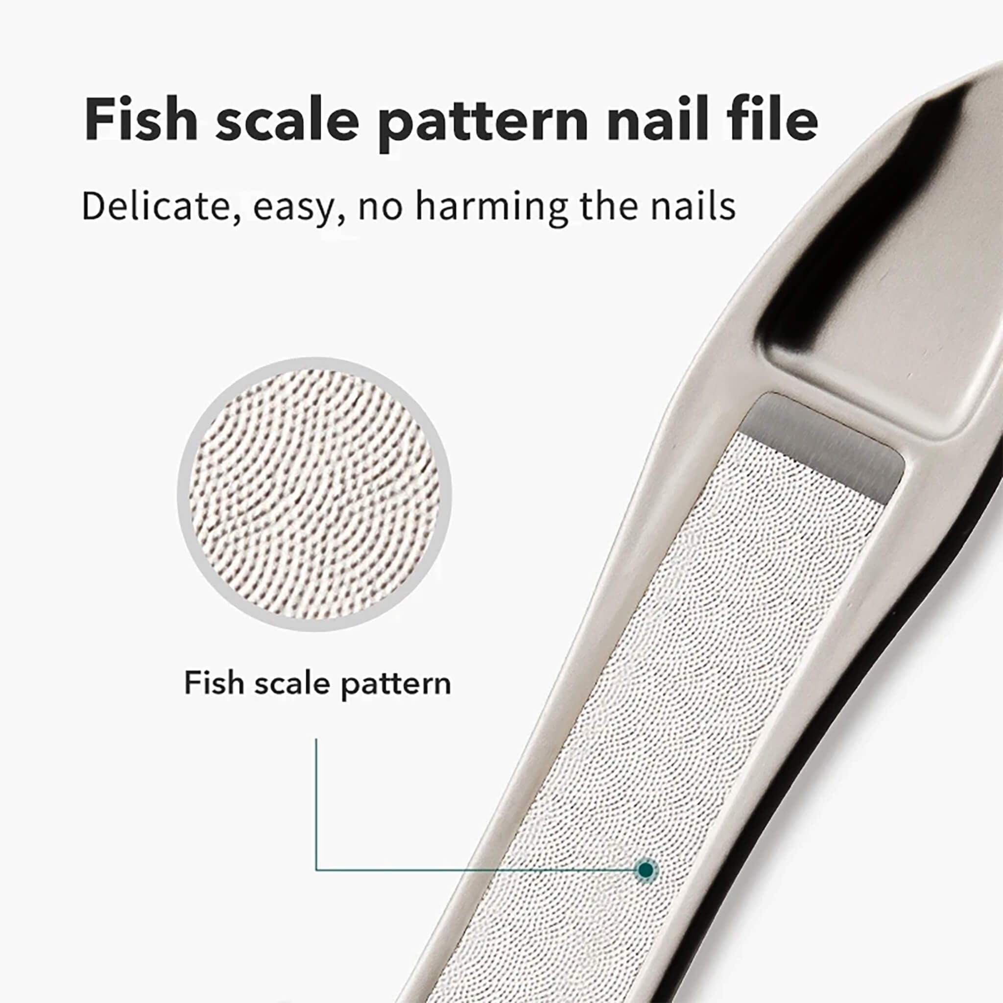 Macro of MR.GREEN integrated fish-scale pattern nail file on lever, gentle micro-texture that smooths edges without scratching nails.