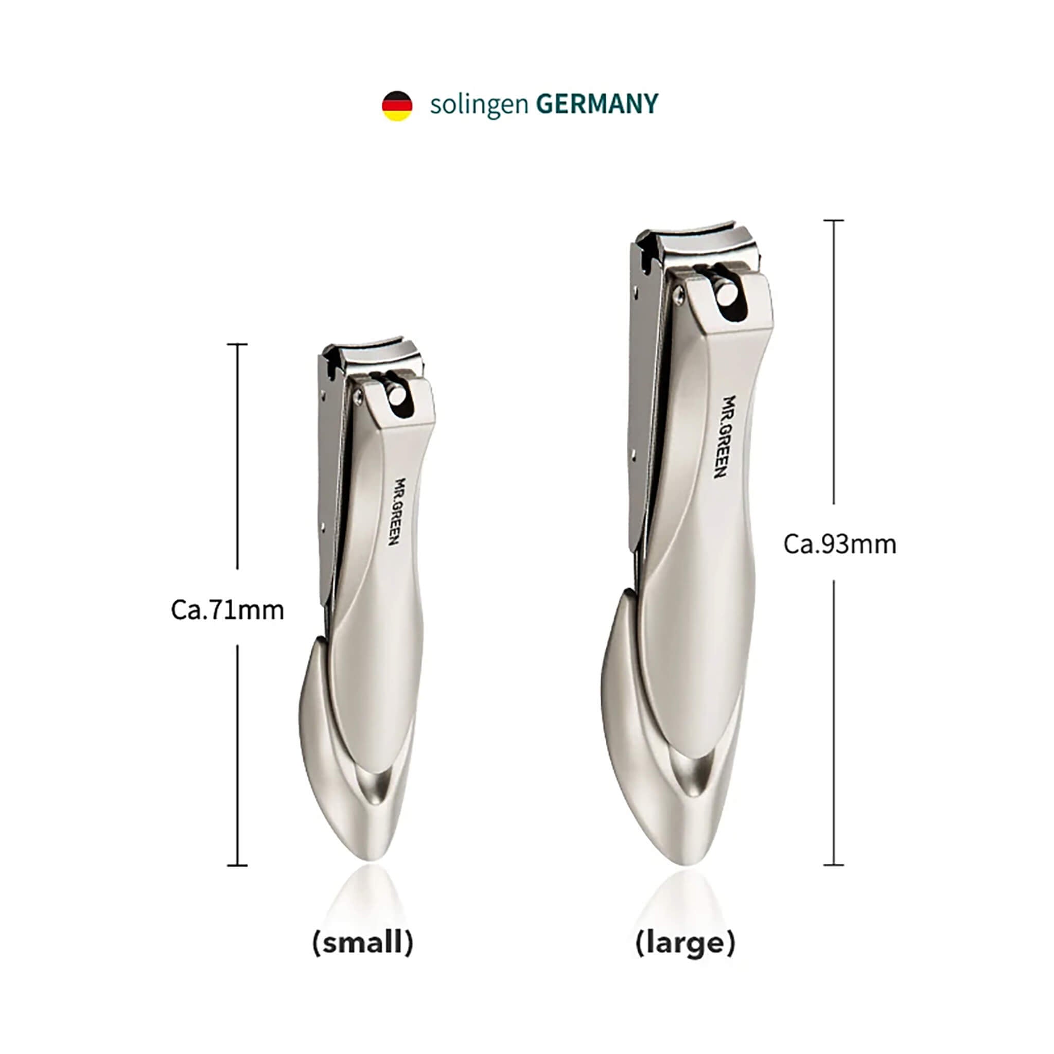 Size comparison of MR.GREEN anti-splash clippers—small ~71 mm and large ~93 mm—stainless bodies with ergonomic bionic handles.