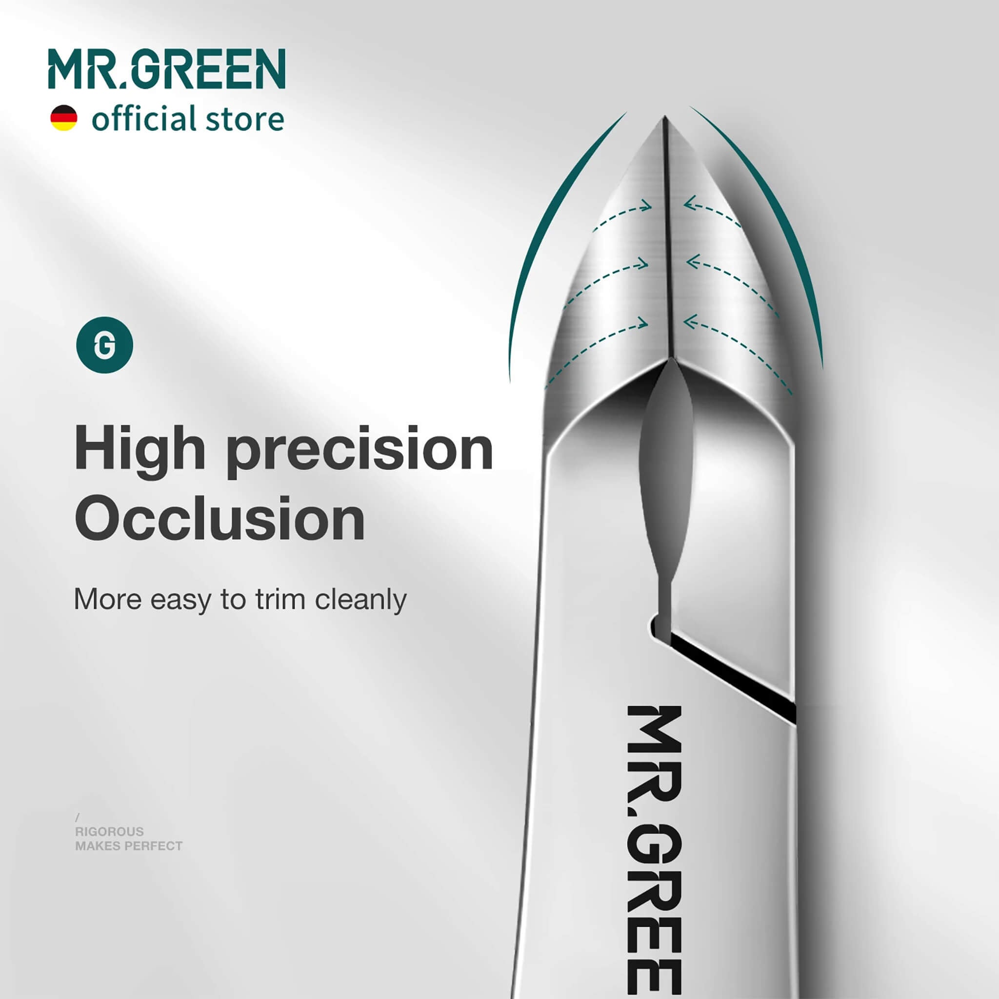 Alicate de cutícula MR.GREEN em aço inox; close da ponta com lâmina inclinada 5 mm e alinhamento preciso para cortes limpos.