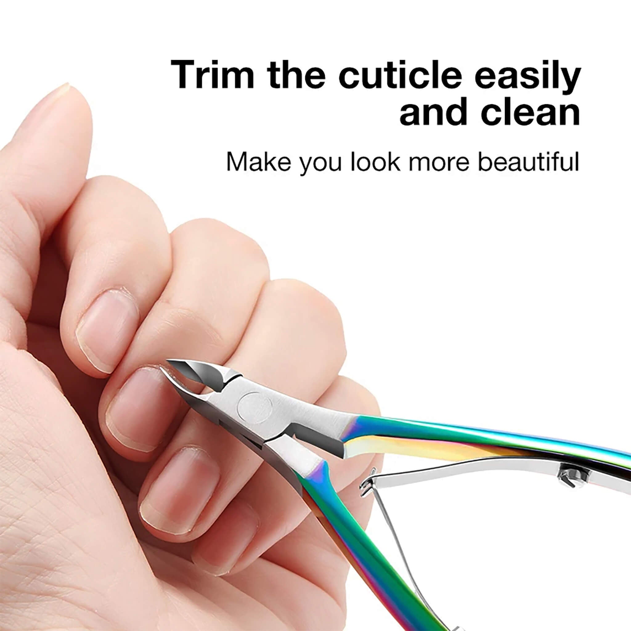 Alicate de cutícula MR.GREEN com cabo colorido e lâmina inclinada 5 mm recortando a cutícula; removedor de pele morta em fundo branco.