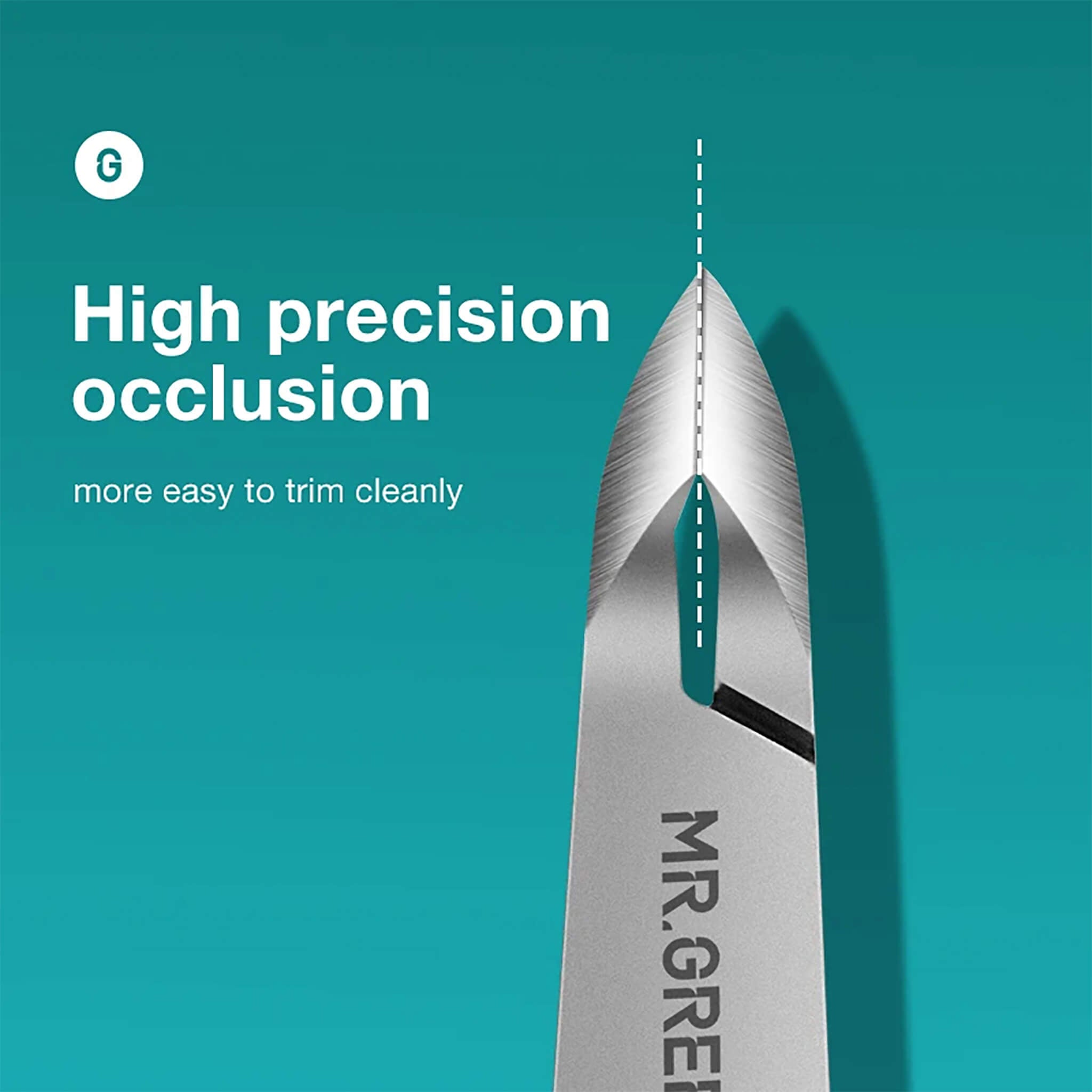 Alicate de cutícula MR.GREEN em aço inox com oclusão de alta precisão; lâminas alinhadas garantem cortes limpos sem puxar.