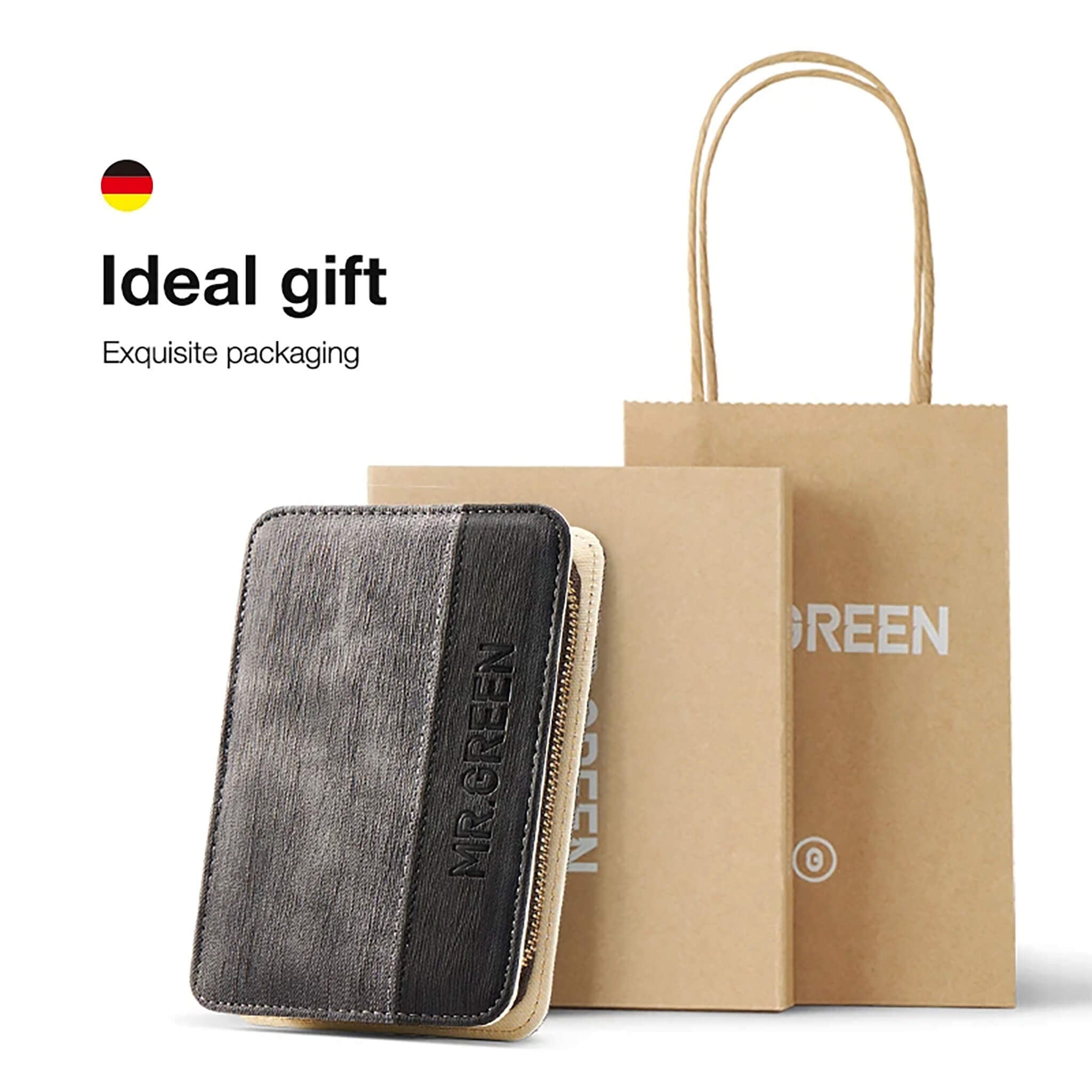 Confezione regalo MR.GREEN: astuccio grafite con zip dorata, scatola e shopper in carta kraft, presentazione elegante.