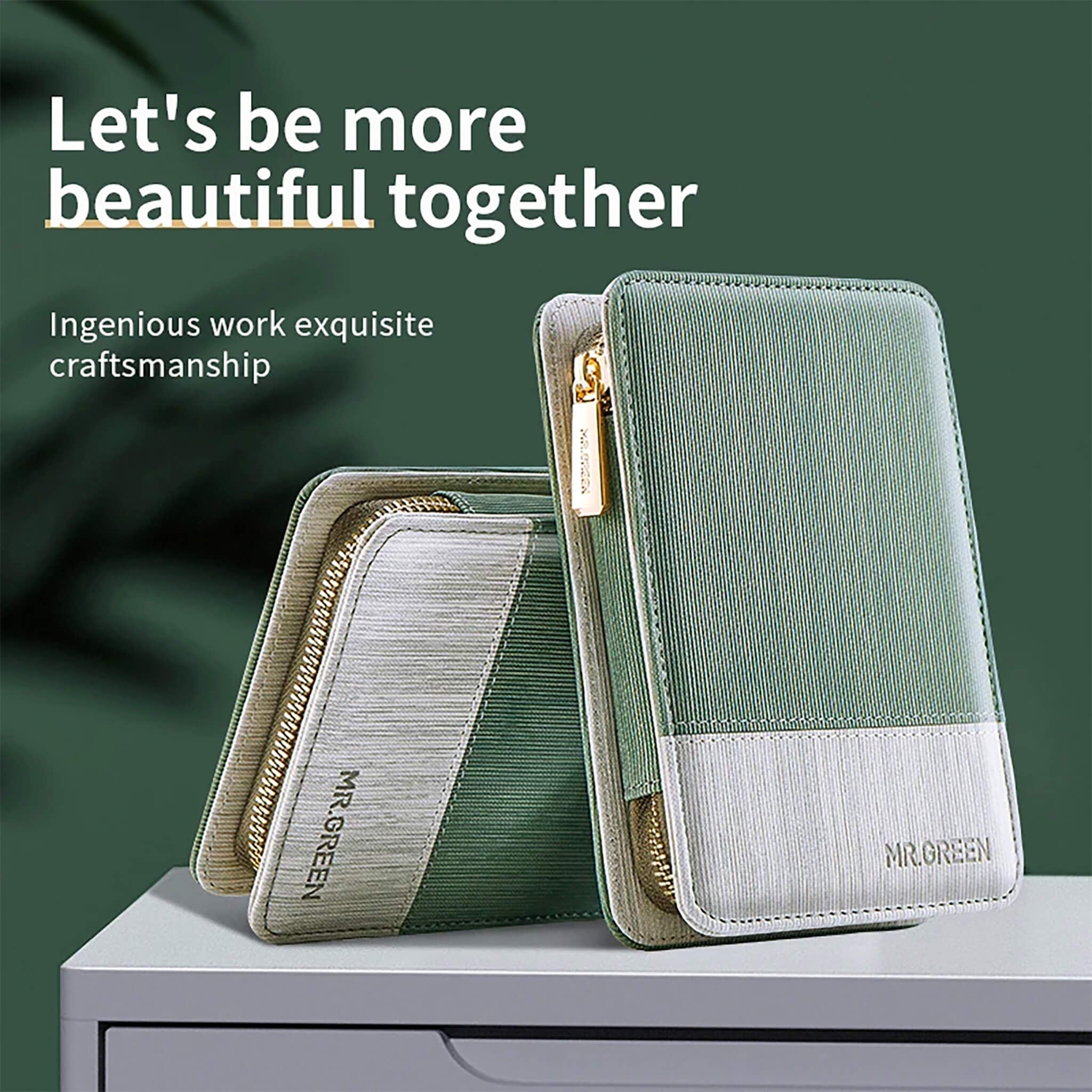 Deux étuis MR.GREEN 8-en-1 vert/argent avec zip doré, design texturé format portefeuille, élégants pour voyage et cadeau.