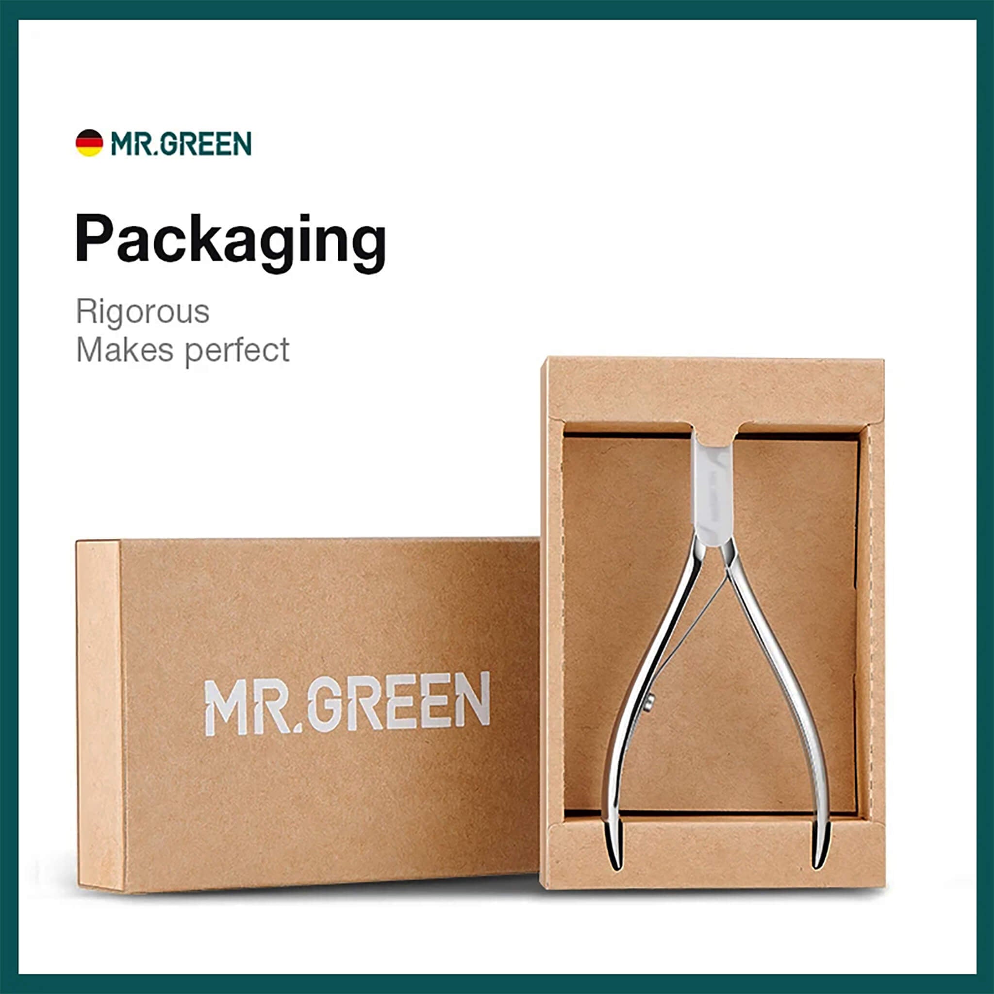 Emballage MR.GREEN : pince à cuticules en acier inox dans coffret kraft premium, prêt à offrir et à expédier.