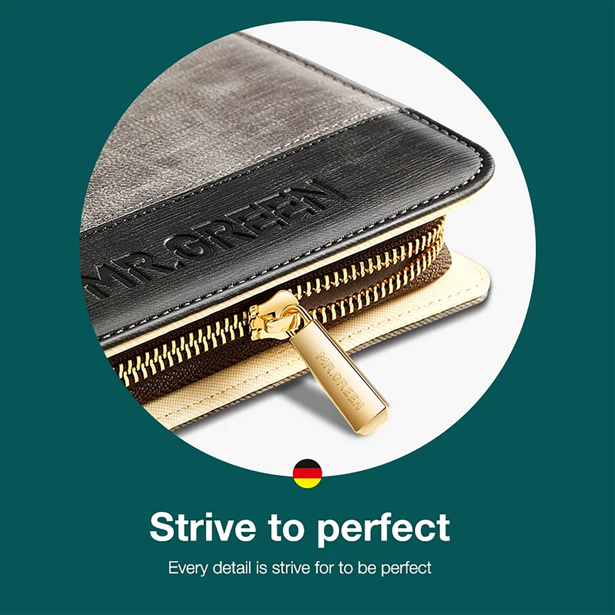 Gros plan de l’étui MR.GREEN en cuir contrasté avec zip doré et logo embossé — finition premium du coffret manucure.