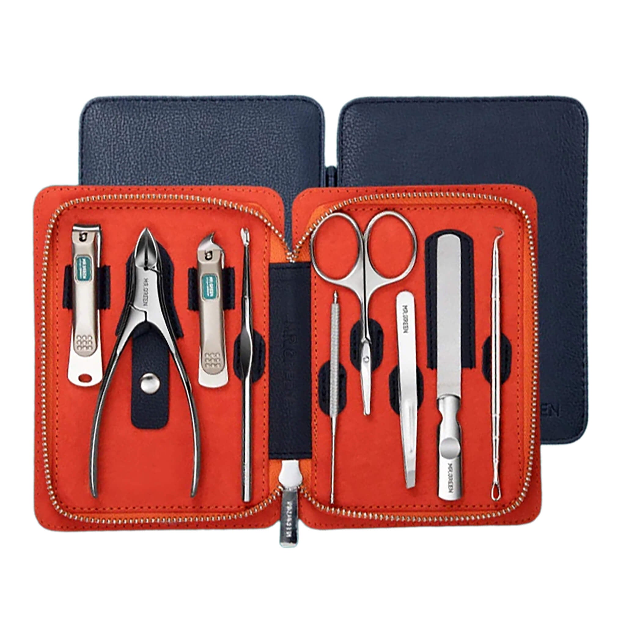 Kit de manicure MR.GREEN 9-em-1 em estojo azul-marinho com interior laranja, ferramentas em aço inox organizadas para viagem.