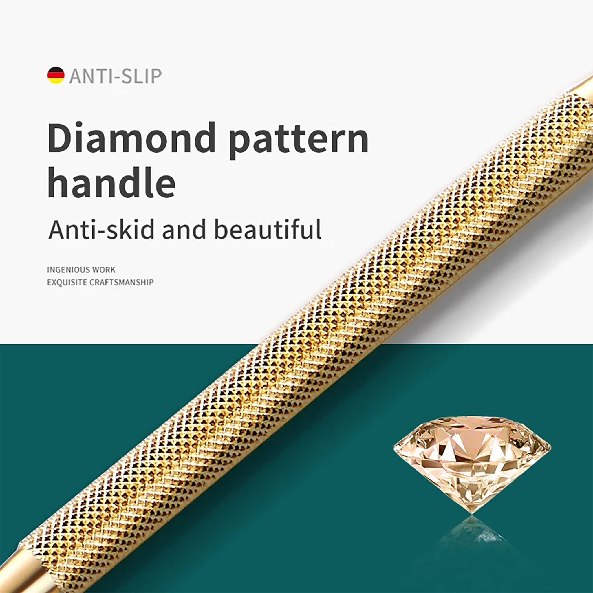 Cure-oreilles MR.GREEN, manche motif diamant antidérapant en acier inox doré pour prise sûre et contrôle précis, gros plan.