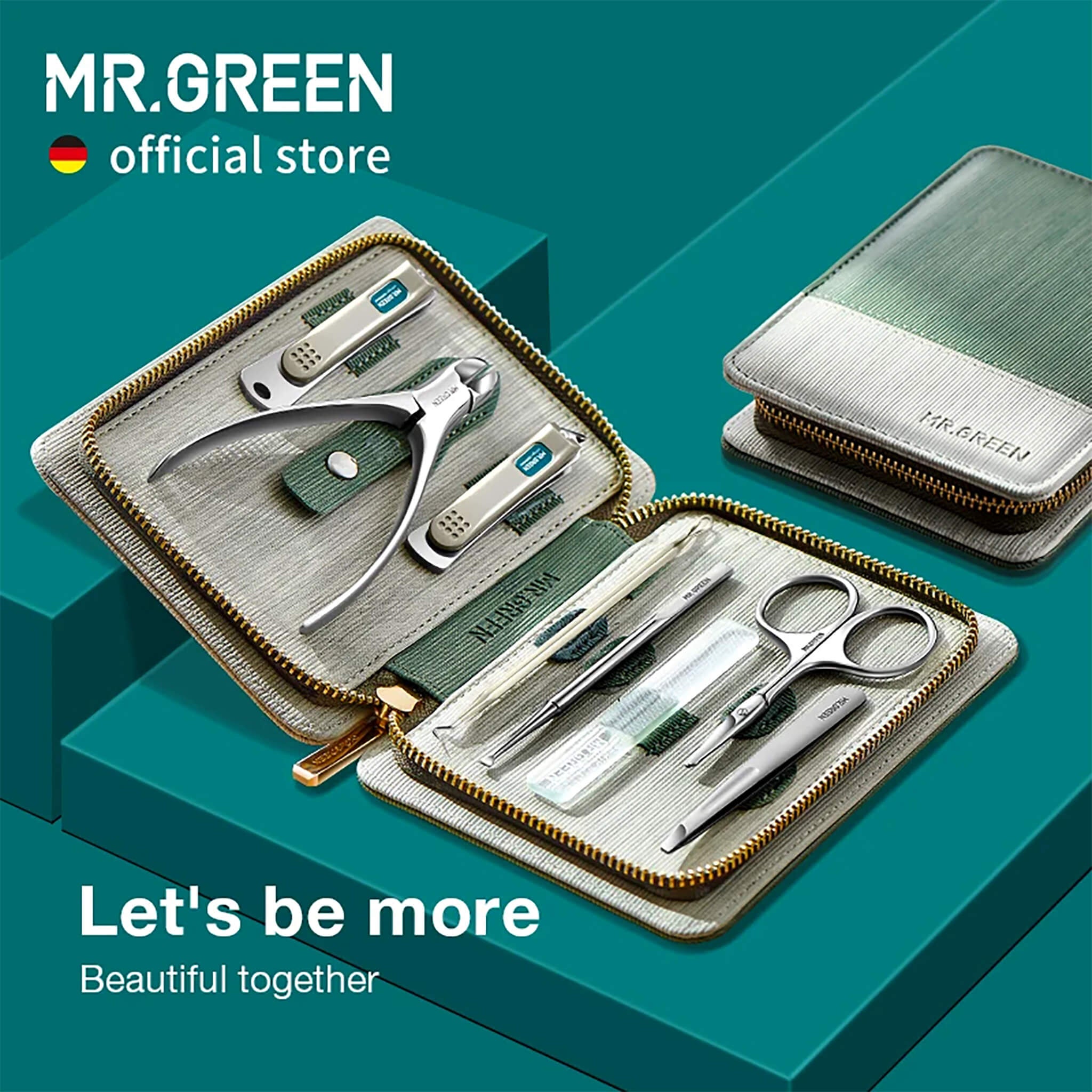 MR.GREEN 8-in-1 manicure set in green-silver zip wallet with stainless clippers, nipper, scissors, tweezers, file and pusher.