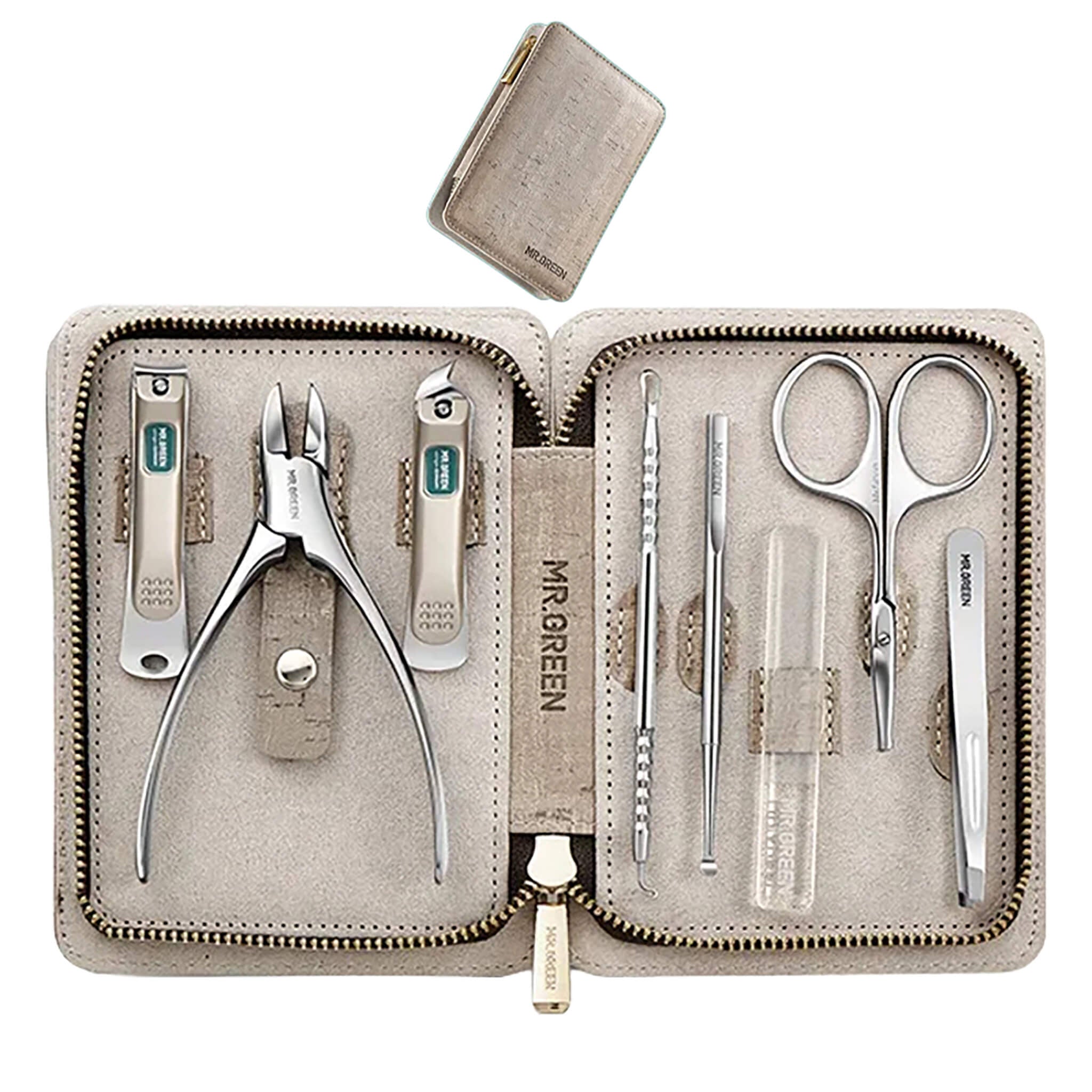 MR.GREEN 8-in-1 manicure set in light gray zip wallet with stainless clippers, toenail nipper, scissors, tweezers and nail file.