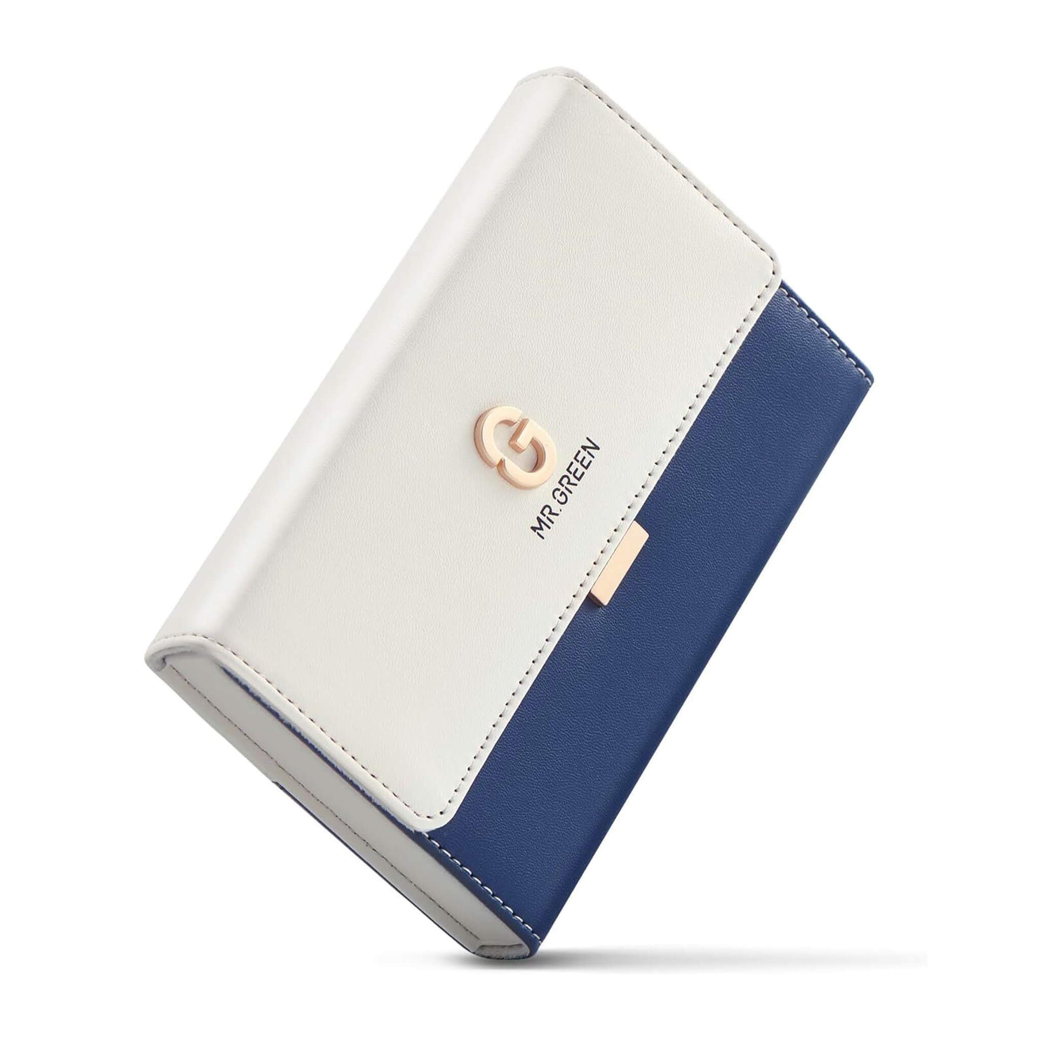 MR.GREEN 8-in-1 manicure set—closed navy/white leather wallet case with metal G logo and magnetic clasp, premium main image