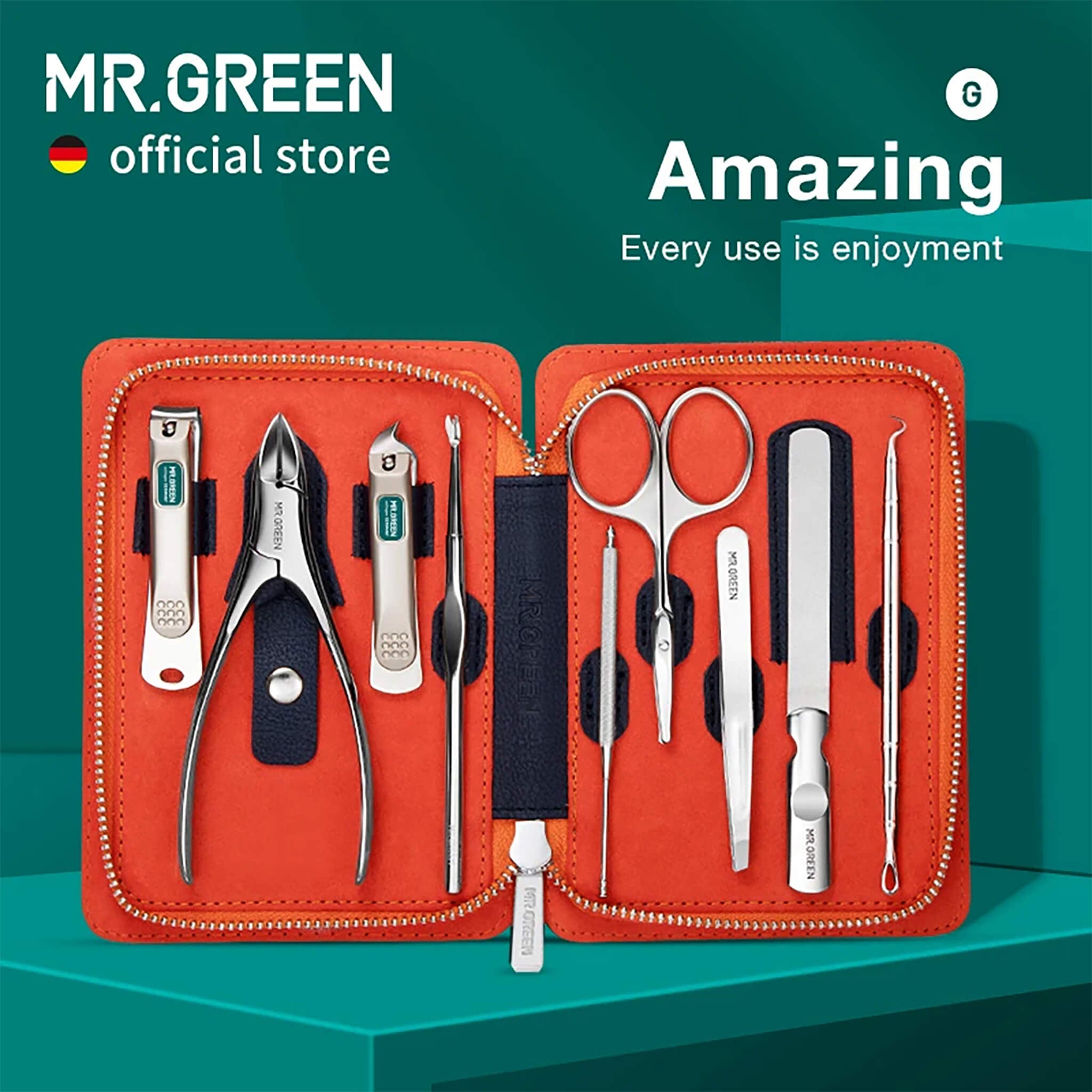 MR.GREEN 9-in-1 professional manicure kit in orange leather zip case with stainless-steel tools; official hero image on teal.