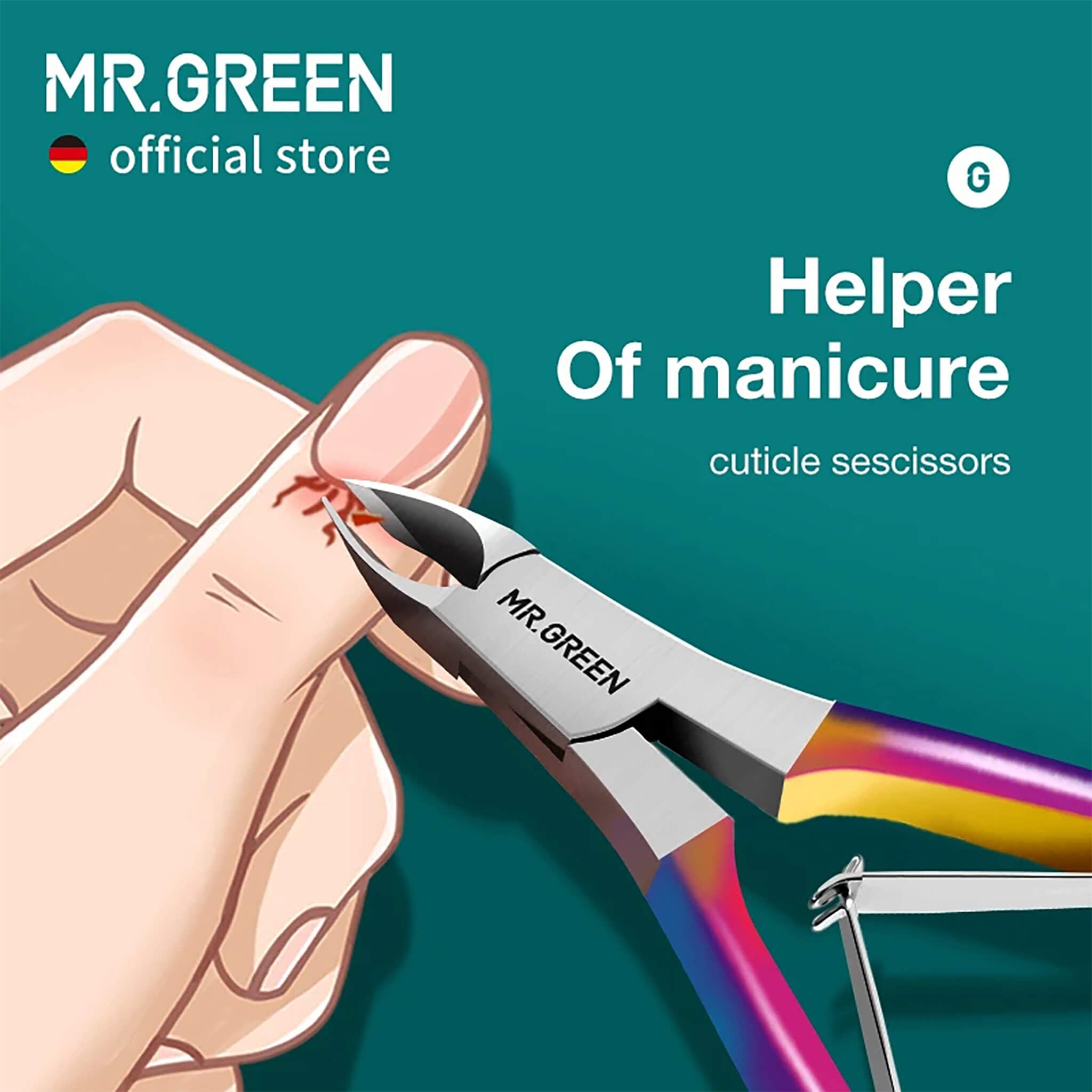 MR.GREEN colorful stainless cuticle nippers, 5mm slant blade and ergonomic spring; dead skin remover on a teal hero background.