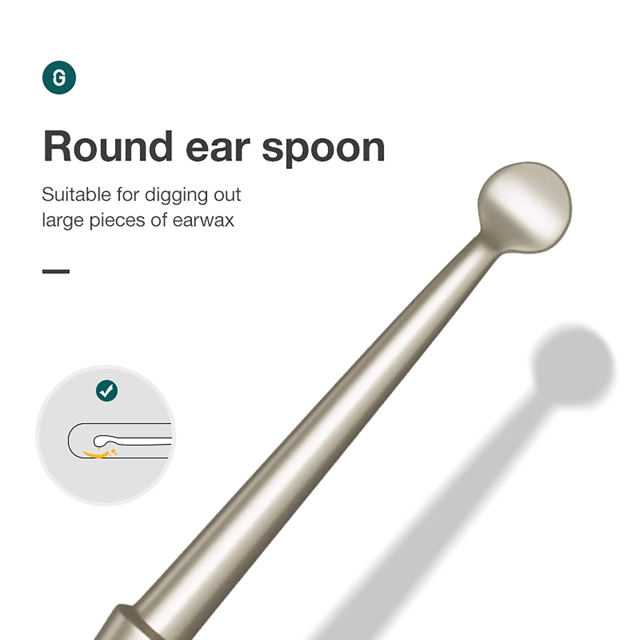 MR.GREEN cuillère auriculaire ronde en acier inox; embout pour retirer en douceur de gros morceaux de cérumen.