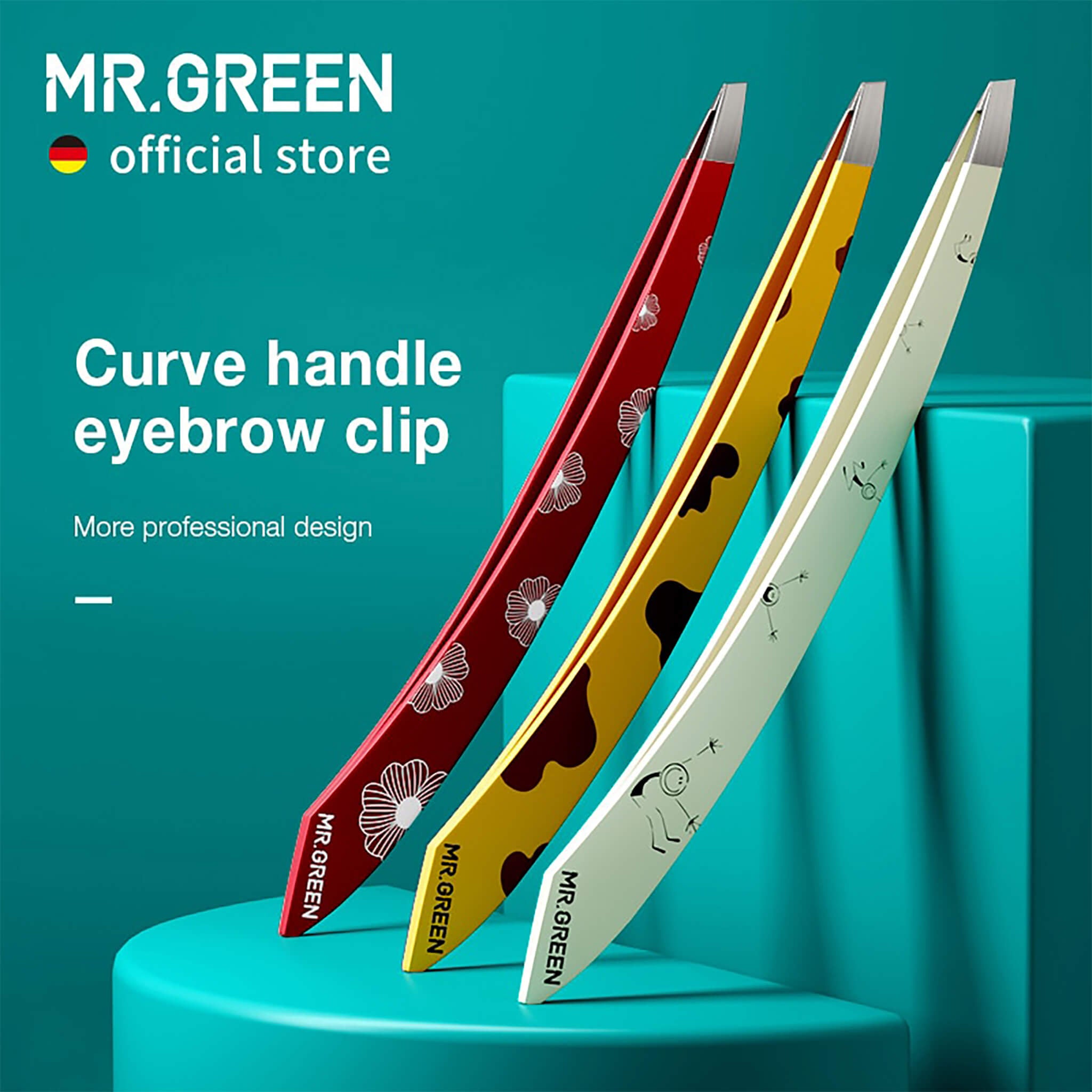 MR.GREEN curve handle eyebrow tweezers with slanted stainless tips and anti-slip painted body for precise brow shaping.
