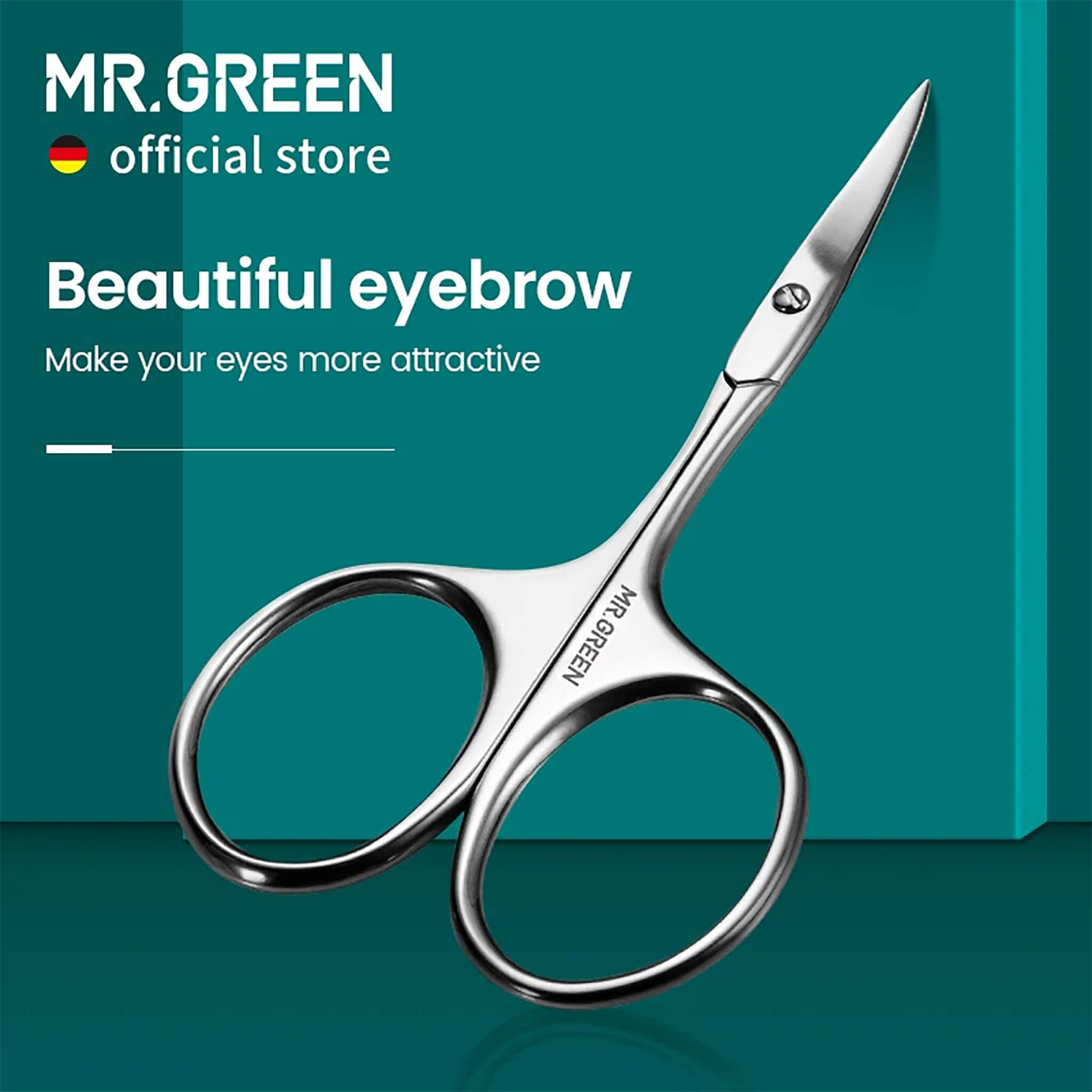 MR.GREEN curved eyebrow scissors, stainless steel fine-tip for precise brow trimming, hero image on teal.