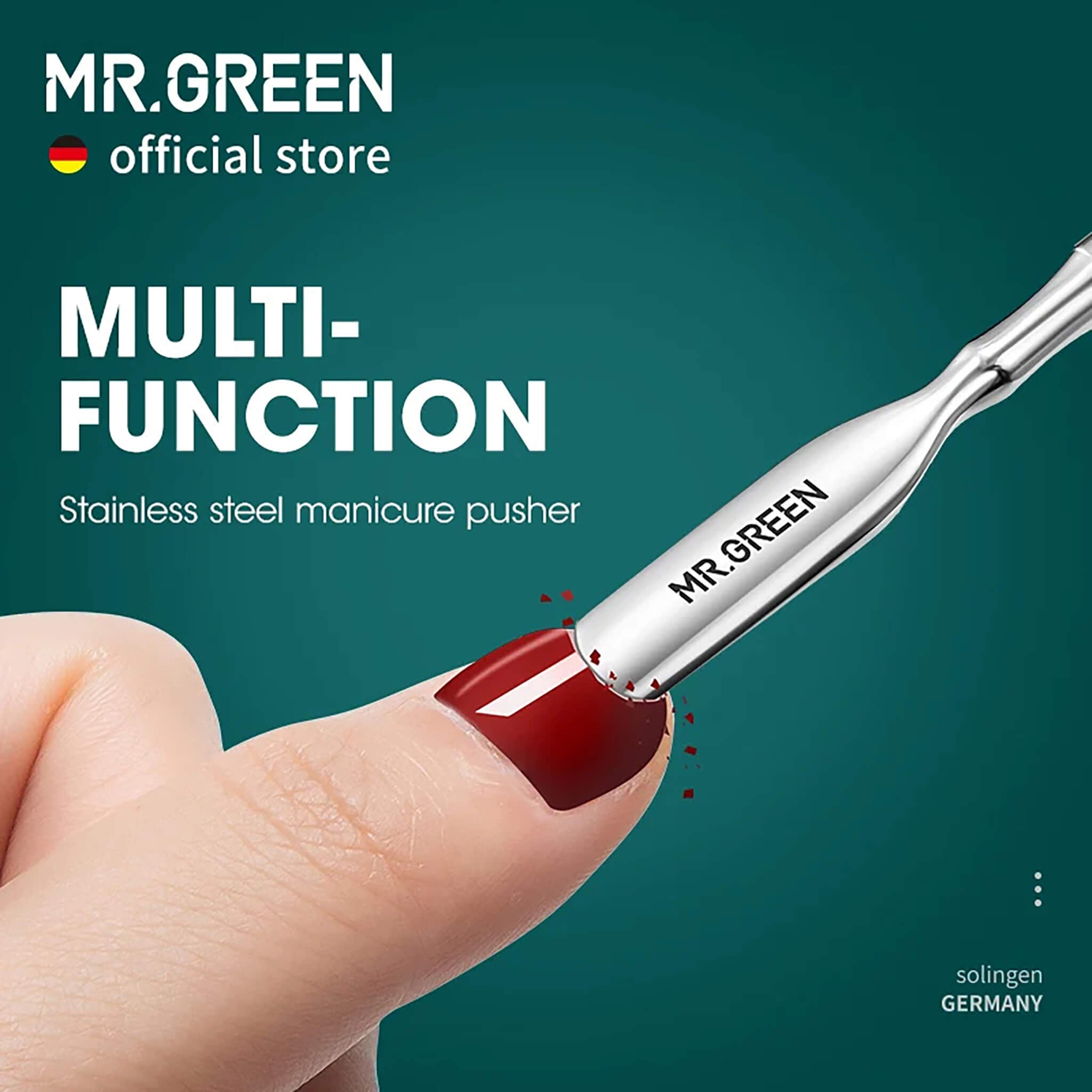 MR.GREEN dual-ended stainless steel cuticle pusher & polish remover for clean nail prep; multi-function tool, Solingen Germany.