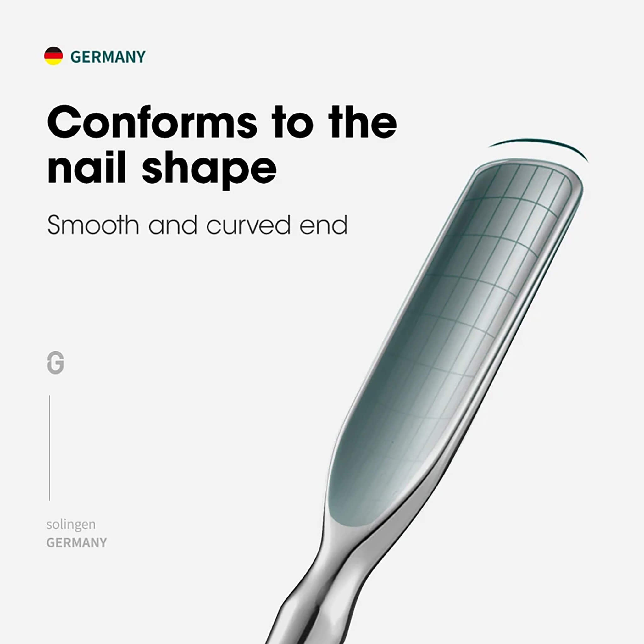 MR.GREEN empujador de cutículas de acero inoxidable, punta curva que se adapta a la uña; retira residuos con precisión. Solingen, Alemania.