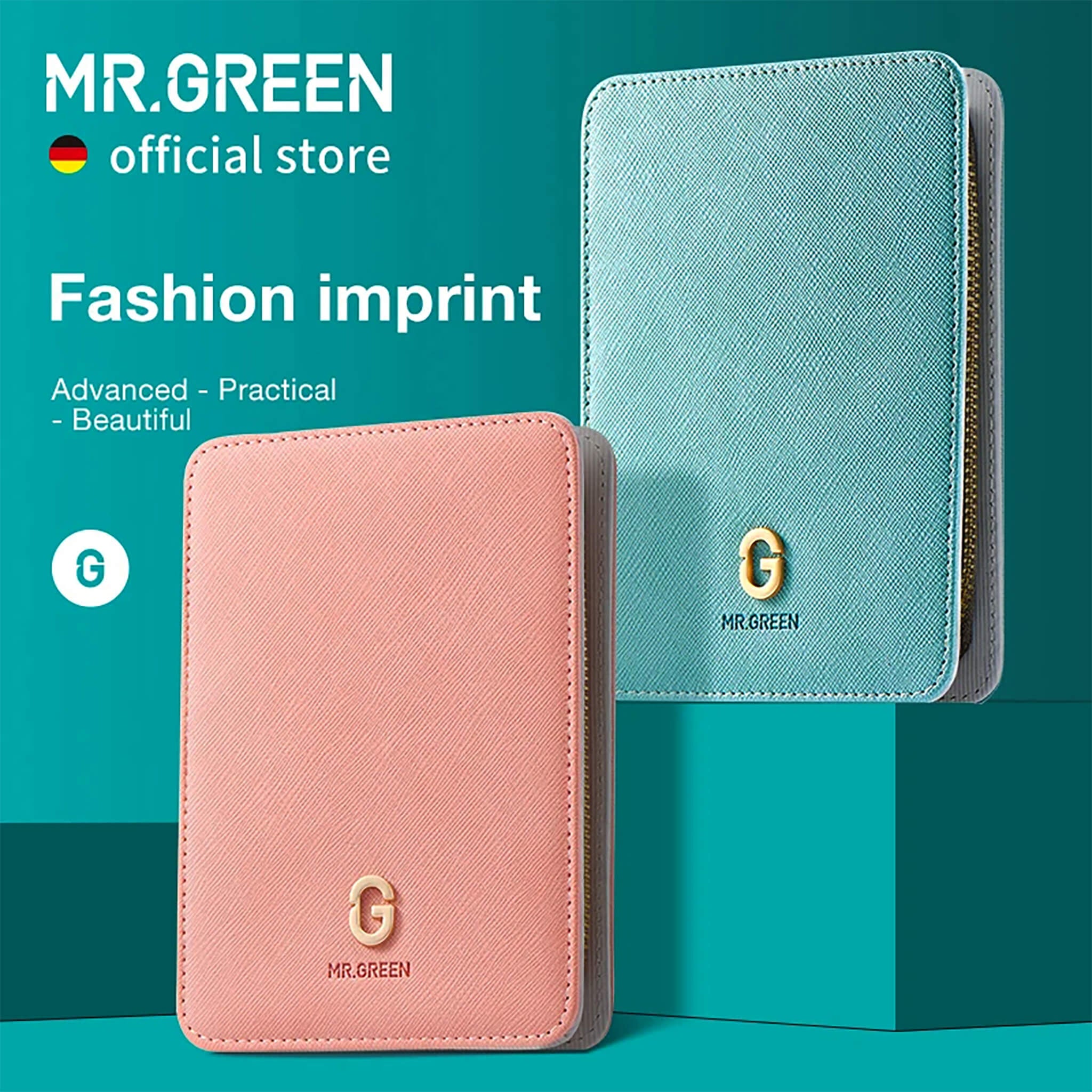 MR.GREEN Imprint manicure set cases - pink and teal fashion imprint zip wallets with gold G logo - official hero image