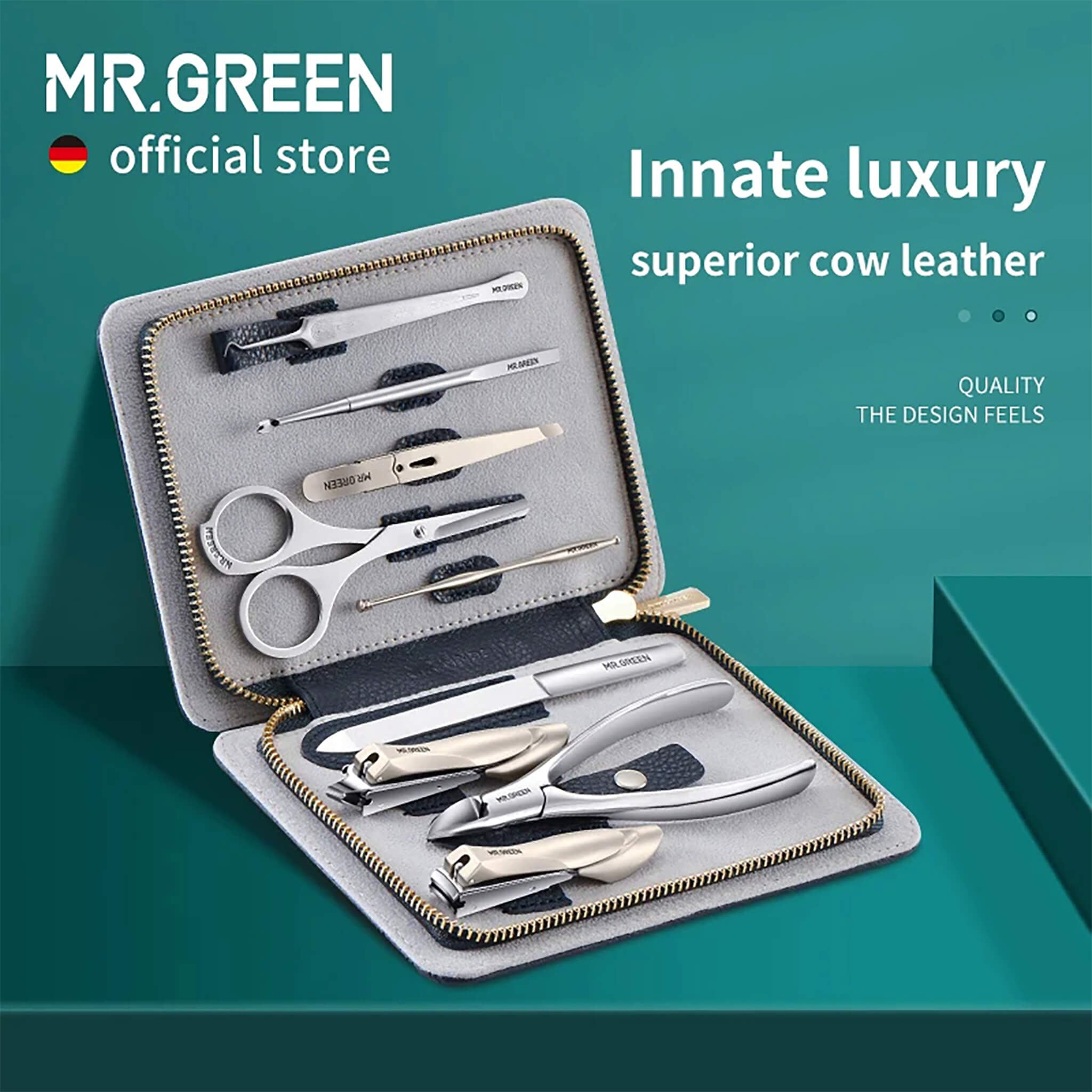 MR.GREEN Innate Luxury manicure set in grey cow-leather zip case with surgical-grade clippers, nipper, scissors, tweezers, ear pick and file.
