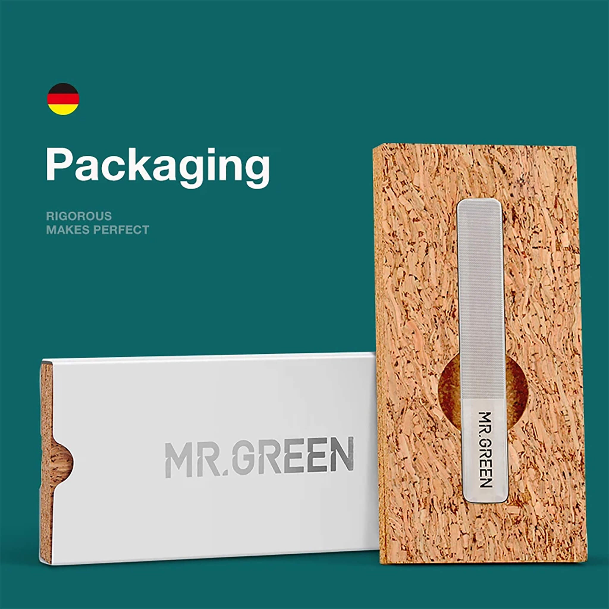 Confezione MR.GREEN lima in vetro nano: packaging in sughero premium, idea regalo elegante