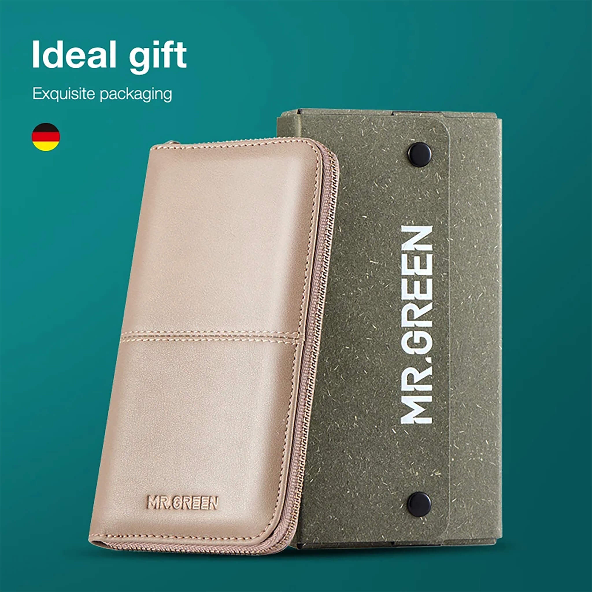 MR.GREEN Luxus-Maniküre-Set mit beigem Lederetui und grünem Geschenkkarton – hochwertige, geschenkfertige Verpackung für Reisen.