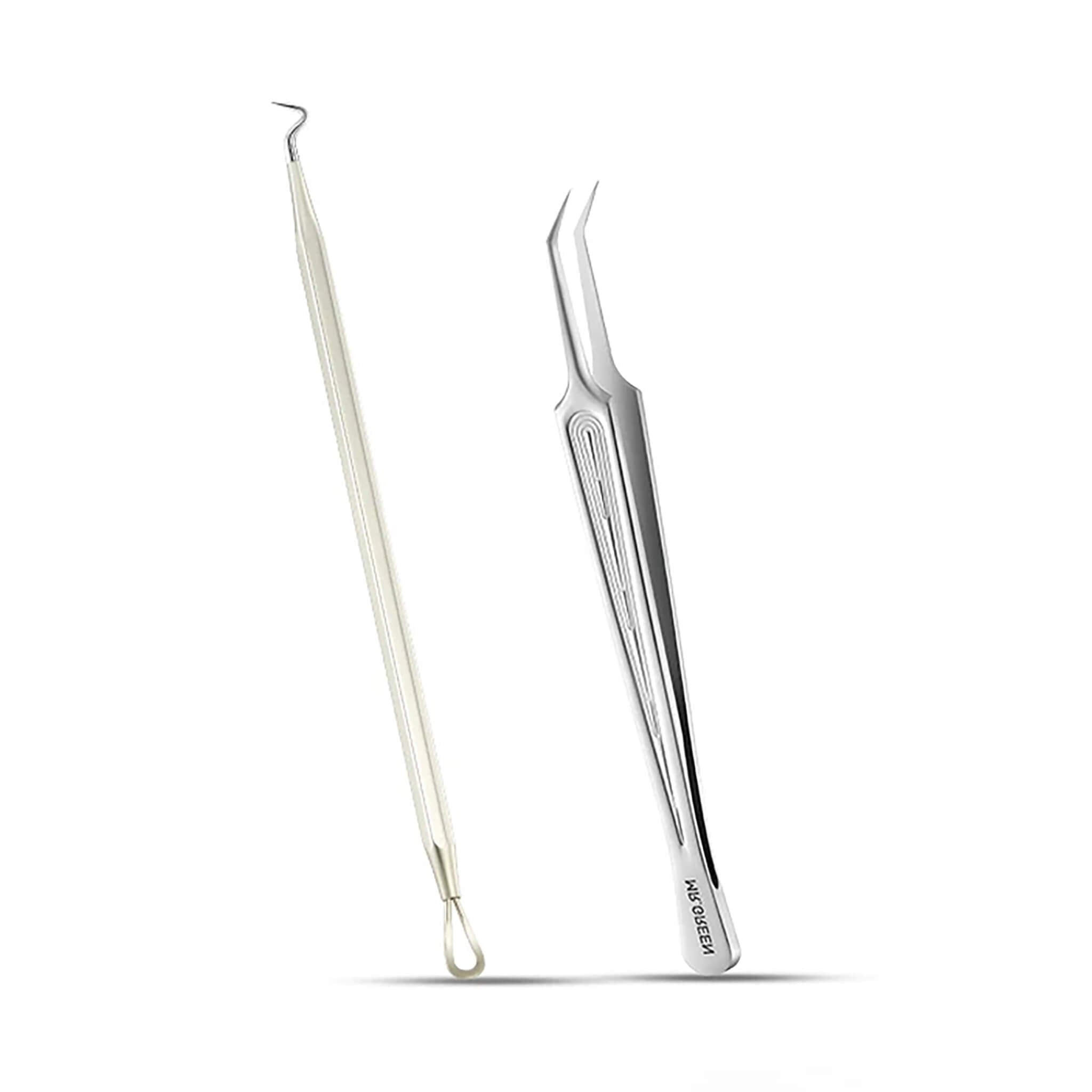 MR.GREEN MR-2177 blackhead extractor set—loop comedone tool and angled lancet, polished medical-grade stainless steel, main product image.