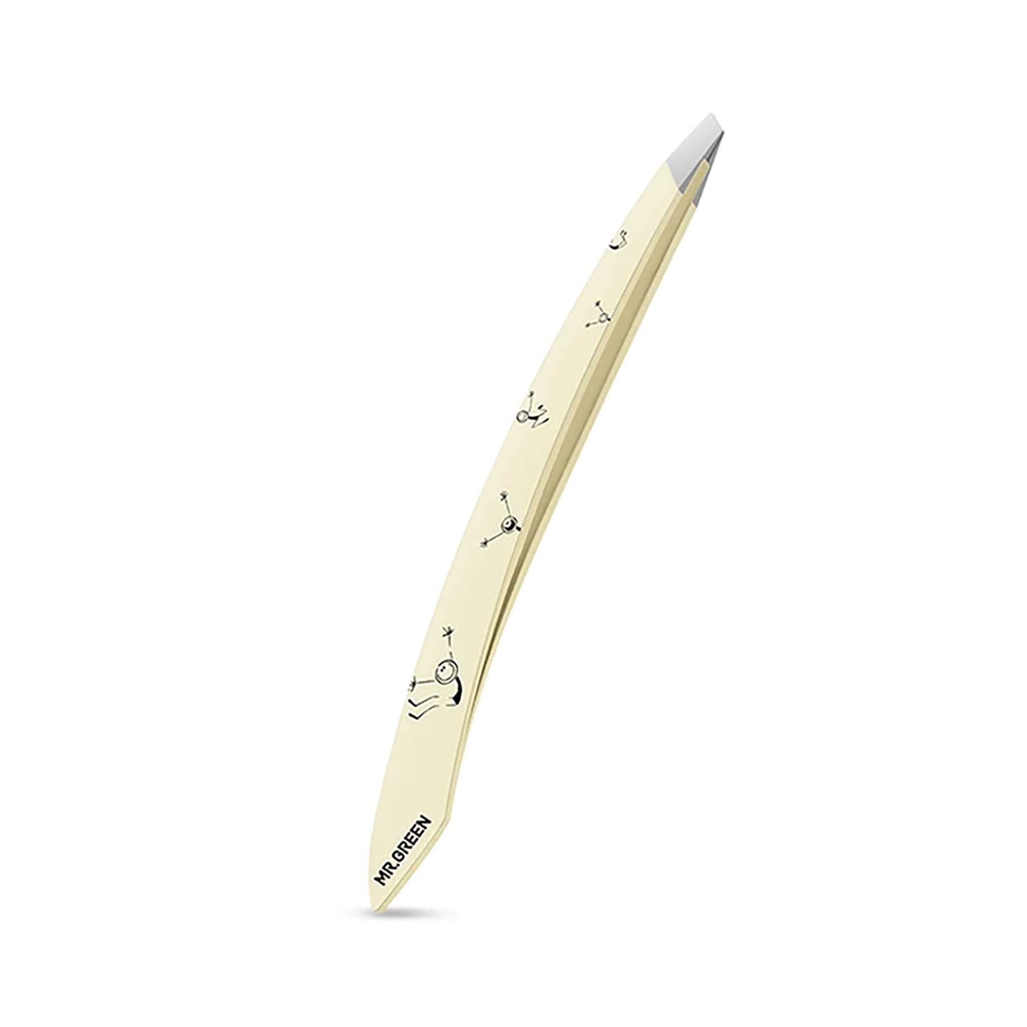 MR.GREEN MR-2193OW light-yellow curve-handle eyebrow tweezers with slanted stainless tips and anti-slip painted body.