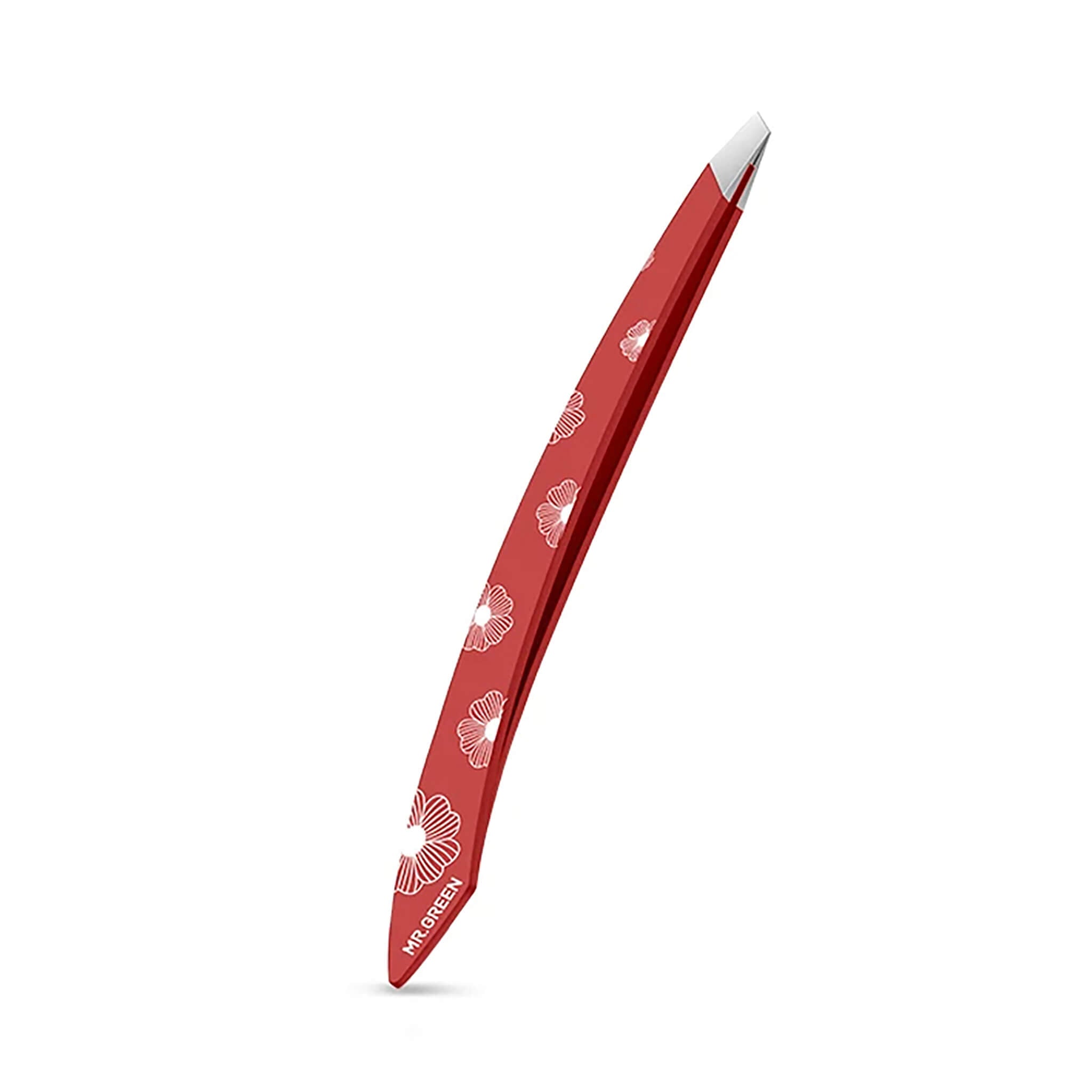 MR.GREEN MR-2193RD red curve-handle eyebrow tweezers, slanted stainless tips and floral anti-slip coating for accurate brow shaping.