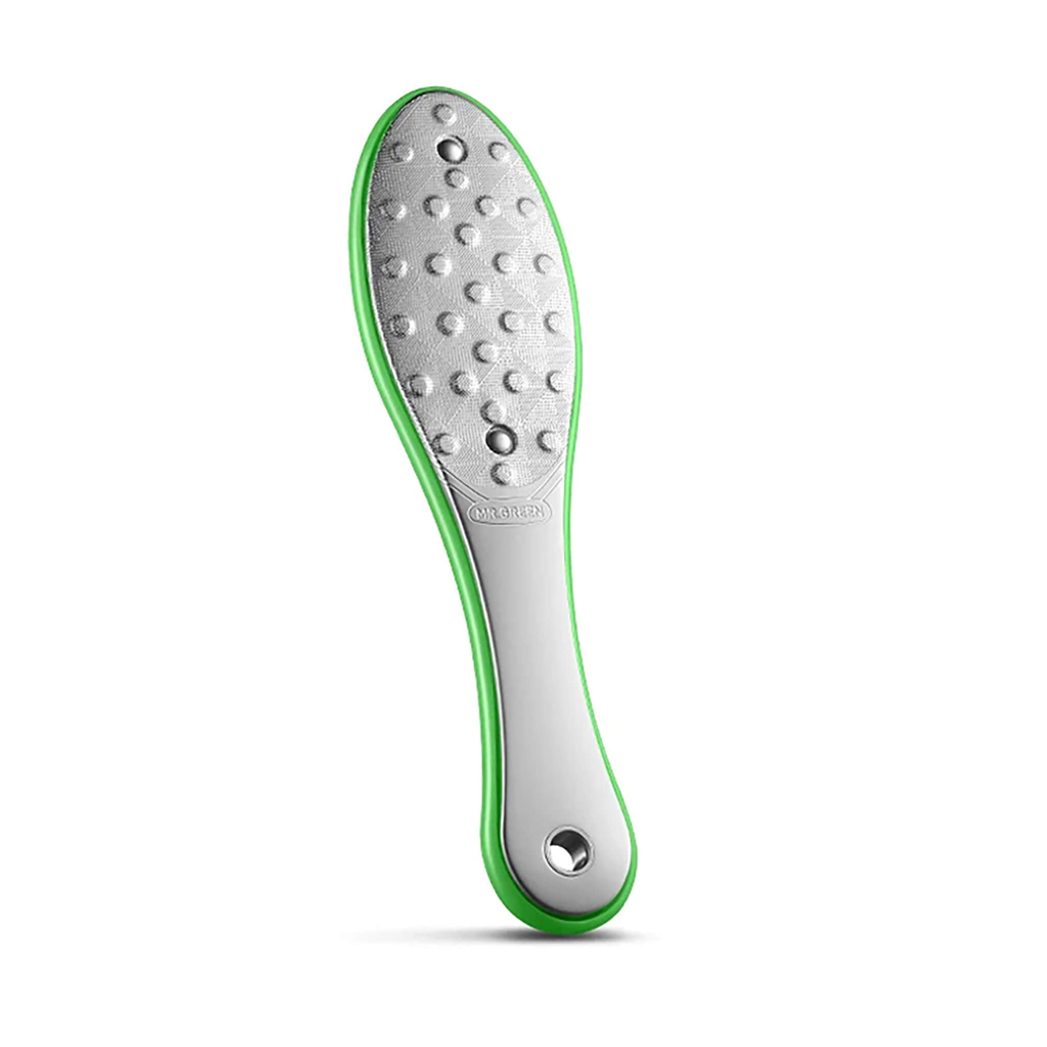 MR.GREEN MR-2205 GR double-sided stainless foot file with green non-slip handle for callus removal and smooth heels.