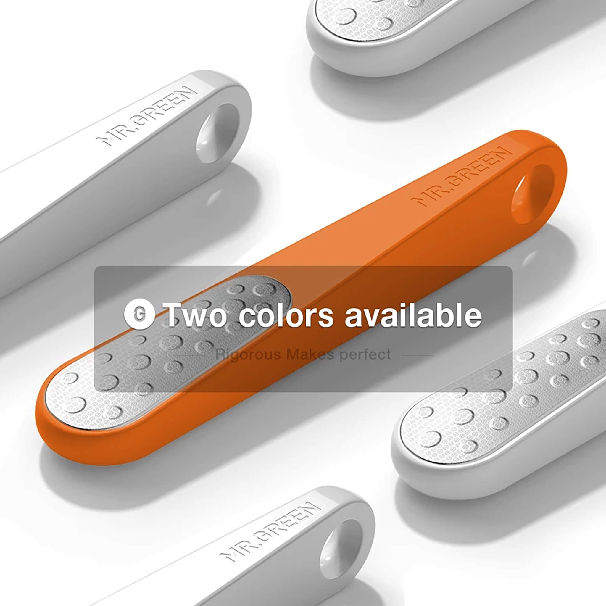 Râpe de pieds MR.GREEN MR-2208 double face en inox, disponible en orange et blanc; manche antidérapant avec œillet de suspension.