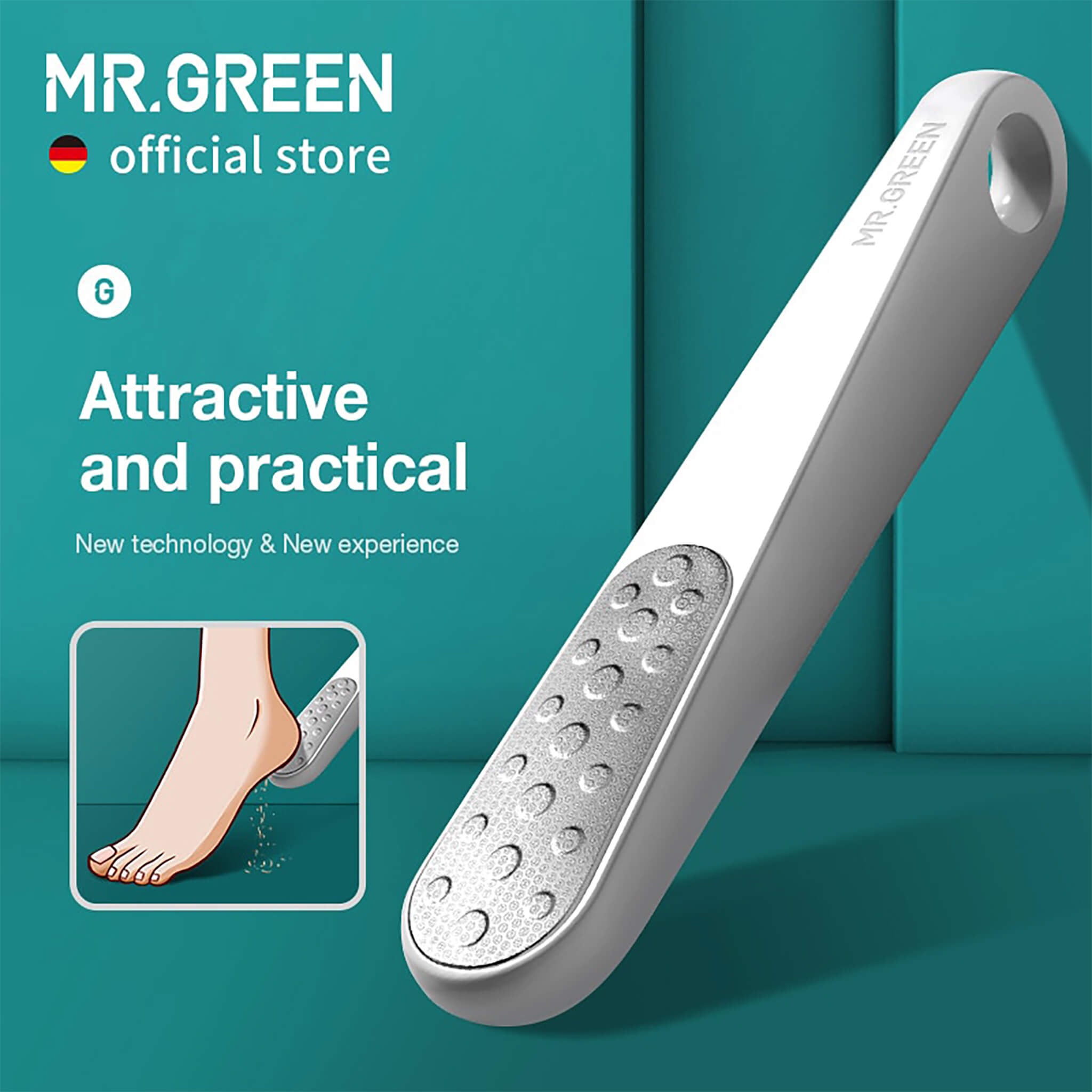 MR.GREEN MR-2208 stainless double-sided foot file with non-slip white handle and hanging hole; removes calluses and dead skin.