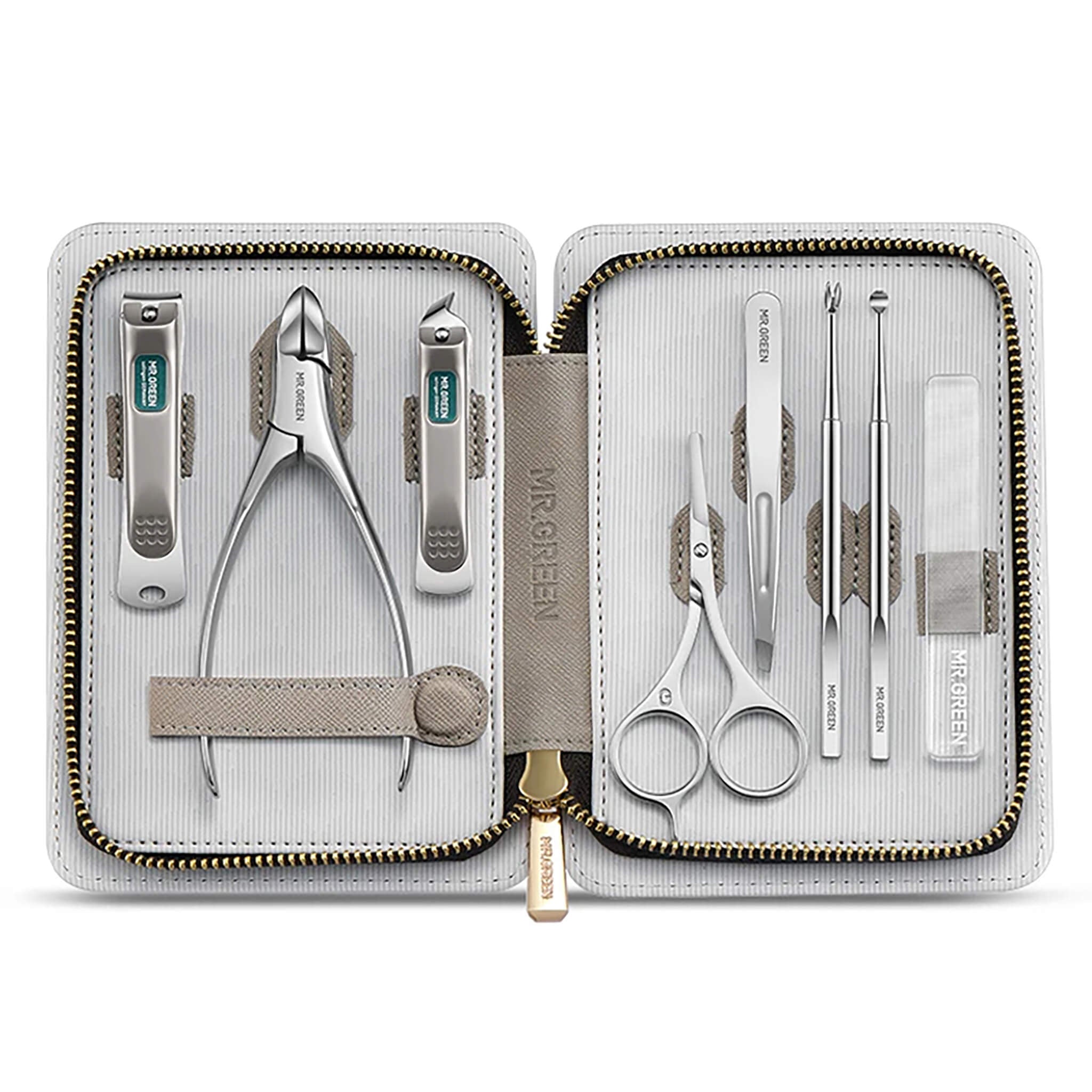 MR.GREEN MR-6065 manicure set open - zip wallet with 8 stainless steel tools, taupe accents and gold zipper
