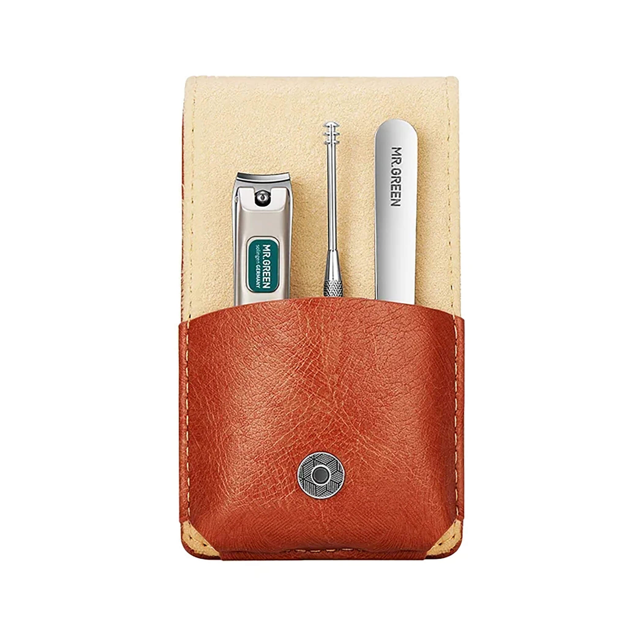 MR.GREEN MR-6101 portable manicure set—leather pocket case with nail clipper, nail cleaner/pusher and metal nail file