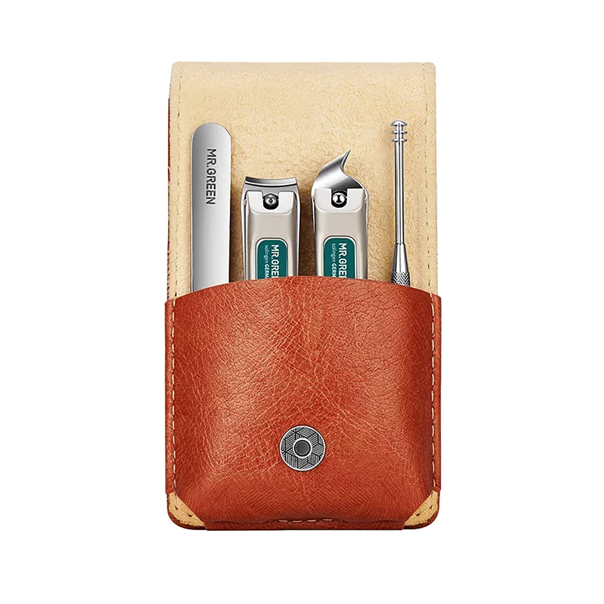 MR.GREEN MR-6103 set de manucure — 2 coupe-ongles, lime métallique et outil nettoyeur/poussoir dans étui en cuir