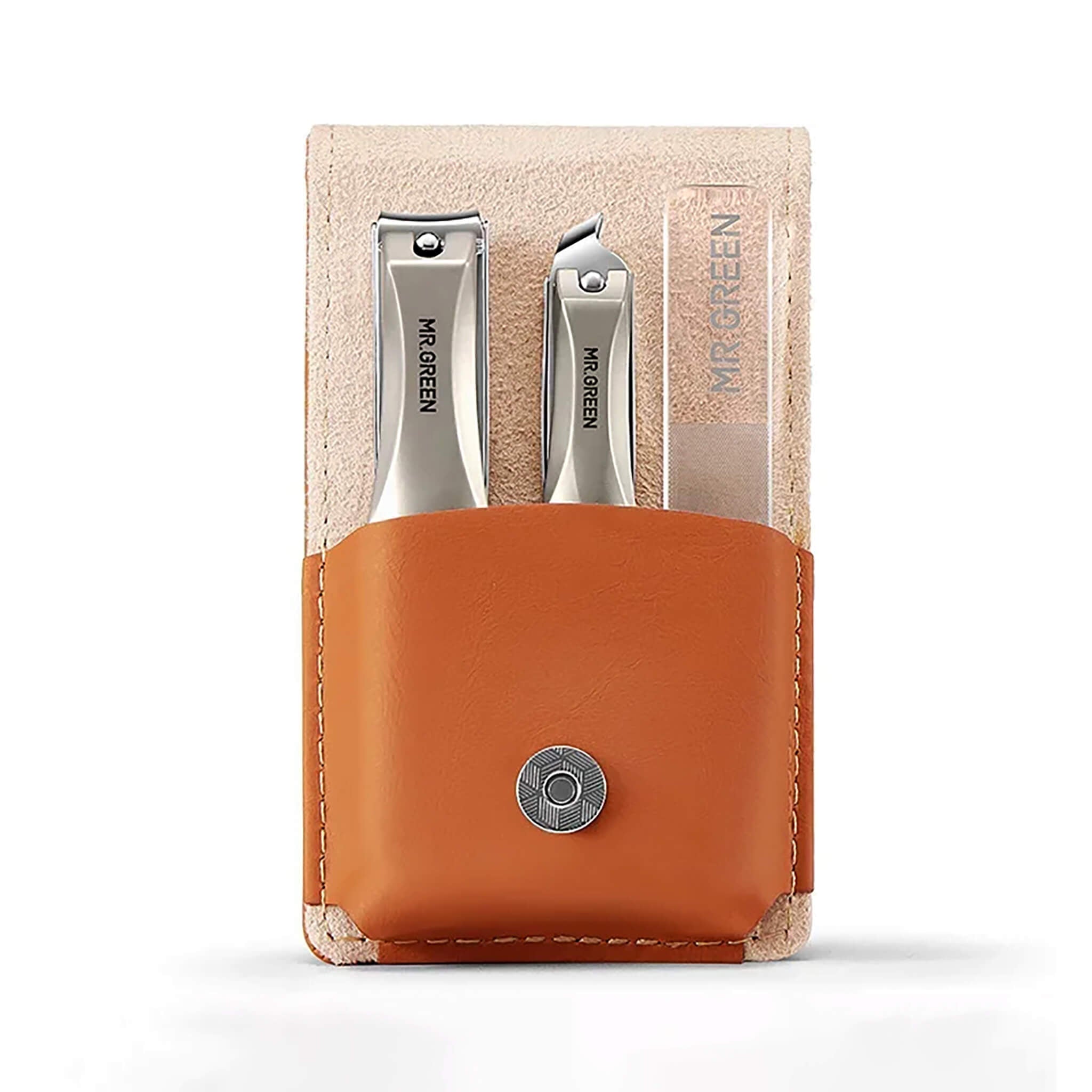 MR.GREEN MR-6303 portable manicure set—orange leather case with straight and oblique nail clippers plus glass nail file; compact